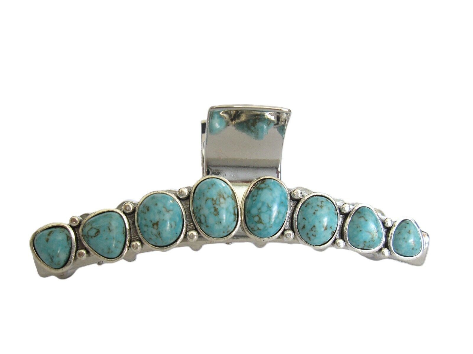 Long turquoise blue stone silver western style metal hair claw