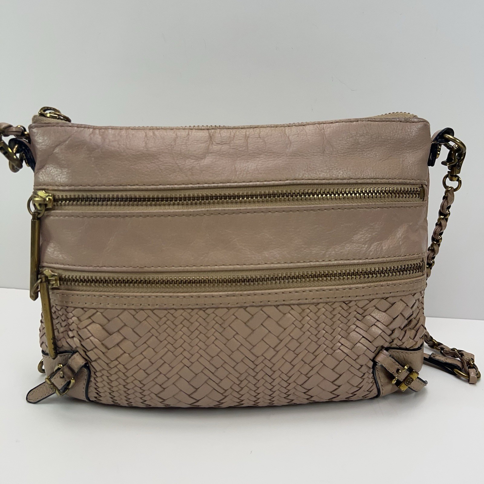 ELLIOTT LUCCA Messina Leather Crossbody Bag 3 Zip Basket Weave Purse Boho Nude