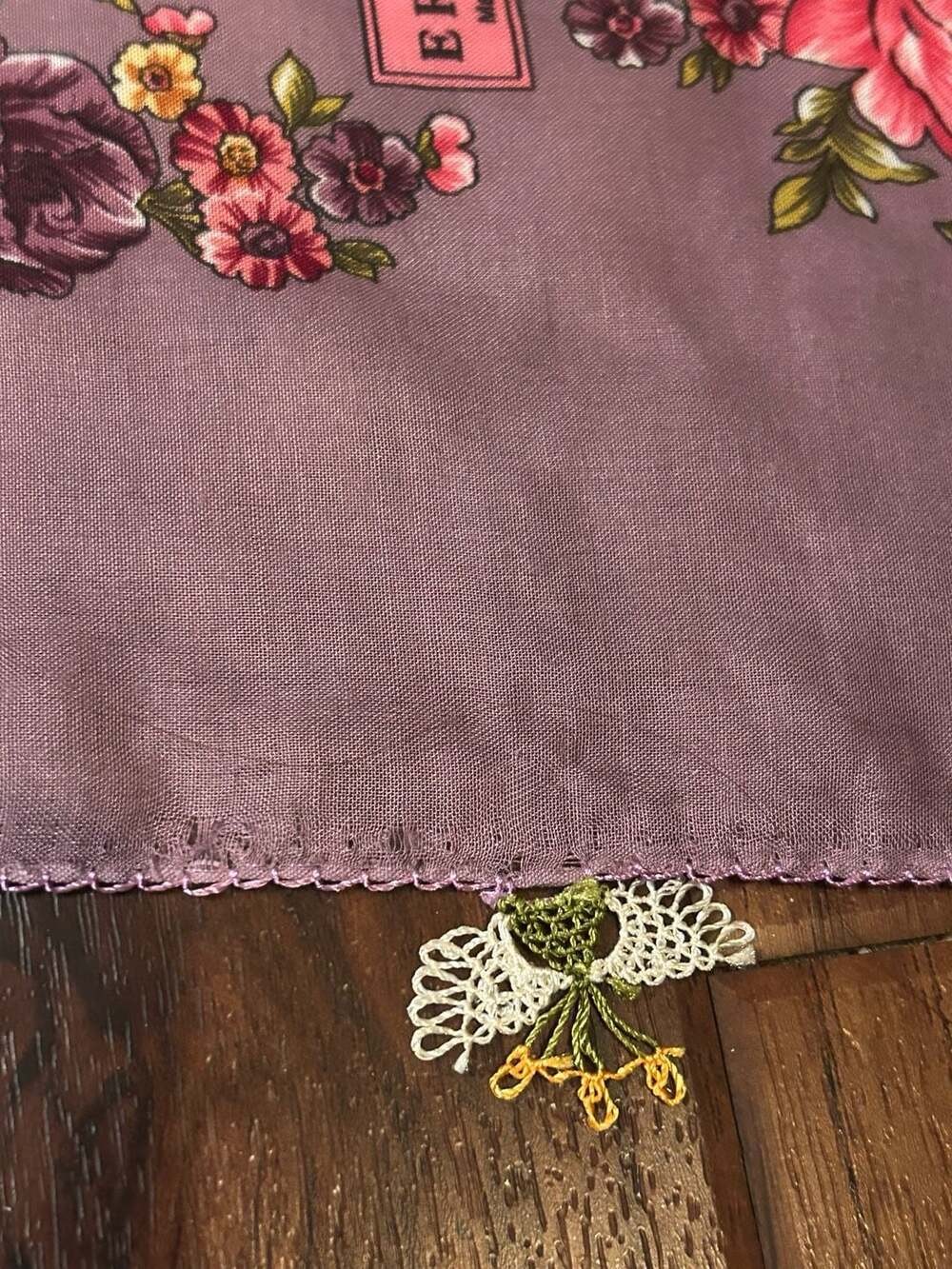 Eripek Purple Floral Print Silk Scarf with Oya Lace Edging