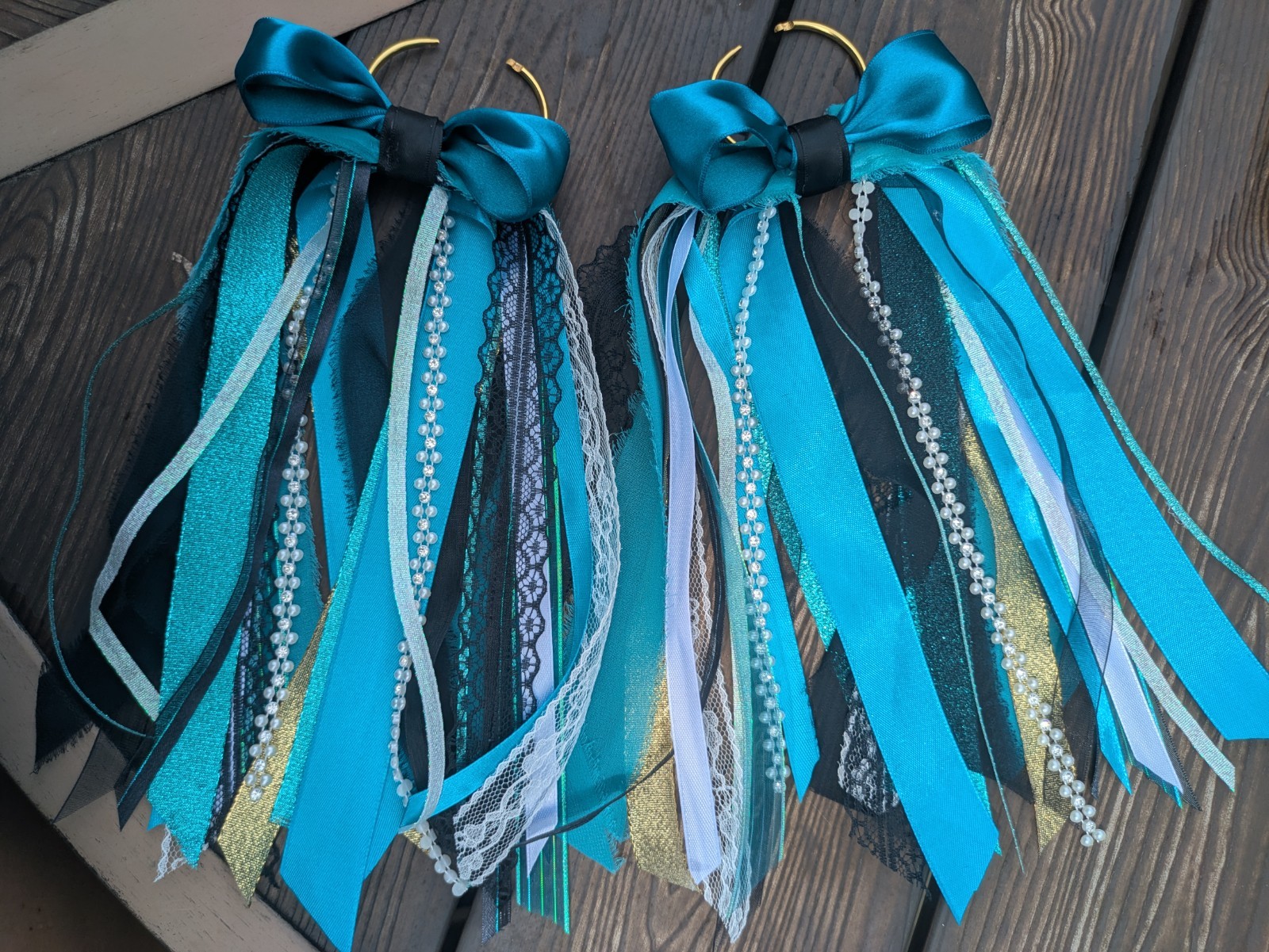 Teal & Black Ribbon Bow Tassel Boot Shoe Charms Pair, Gold Tone Hooks Western