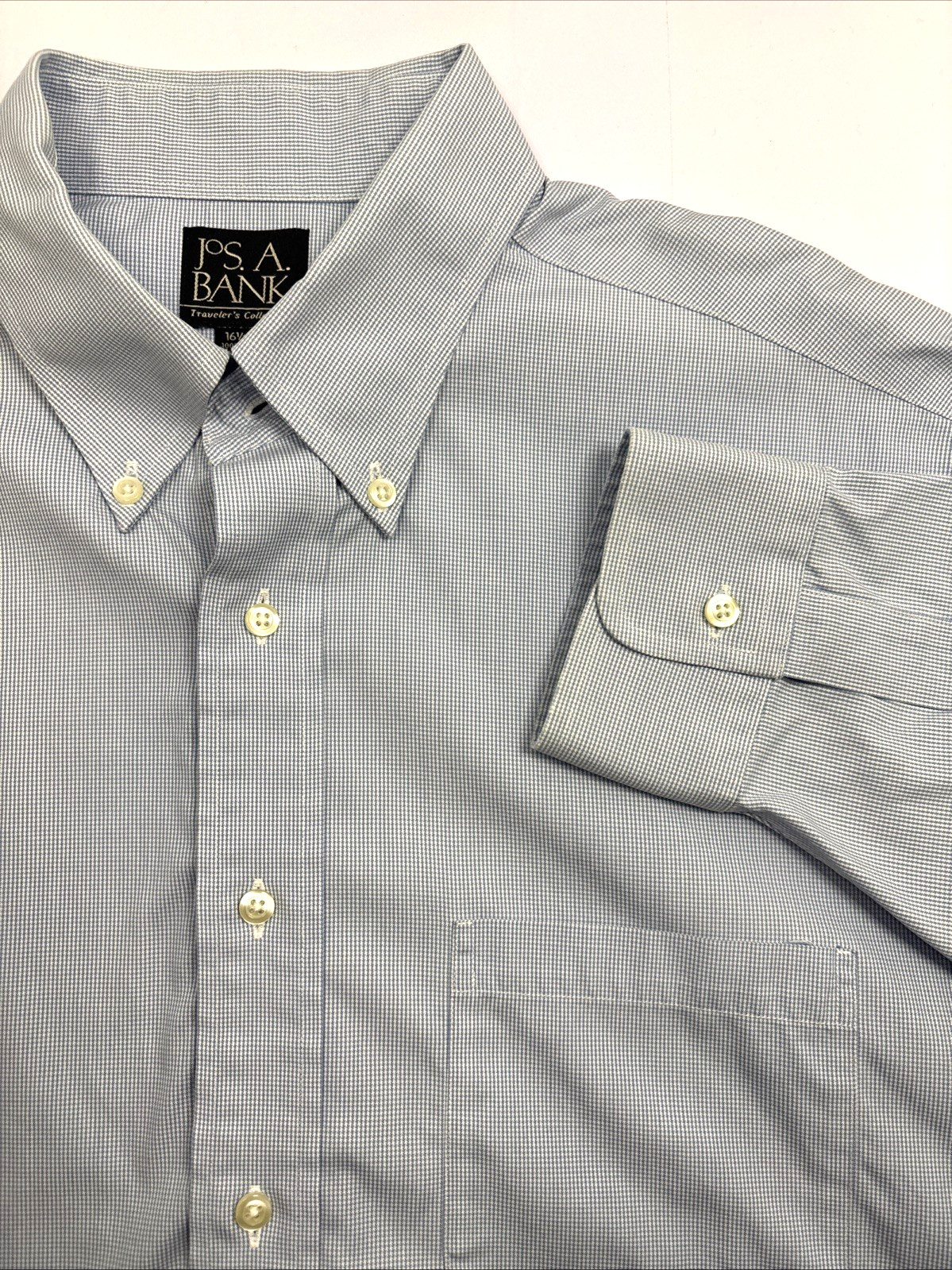 Jos A Bank Dress Shirt Mens 16 1/2-35 Blue Check Traveler Collection Classic