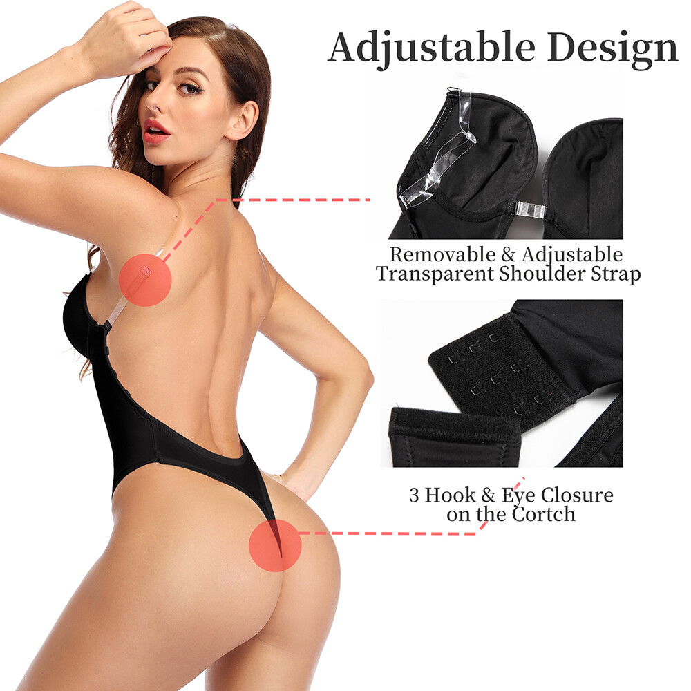 Women Deep V Neck Body Shaper Backless U Plunge Thong Bodysuit Push Up Shapewear