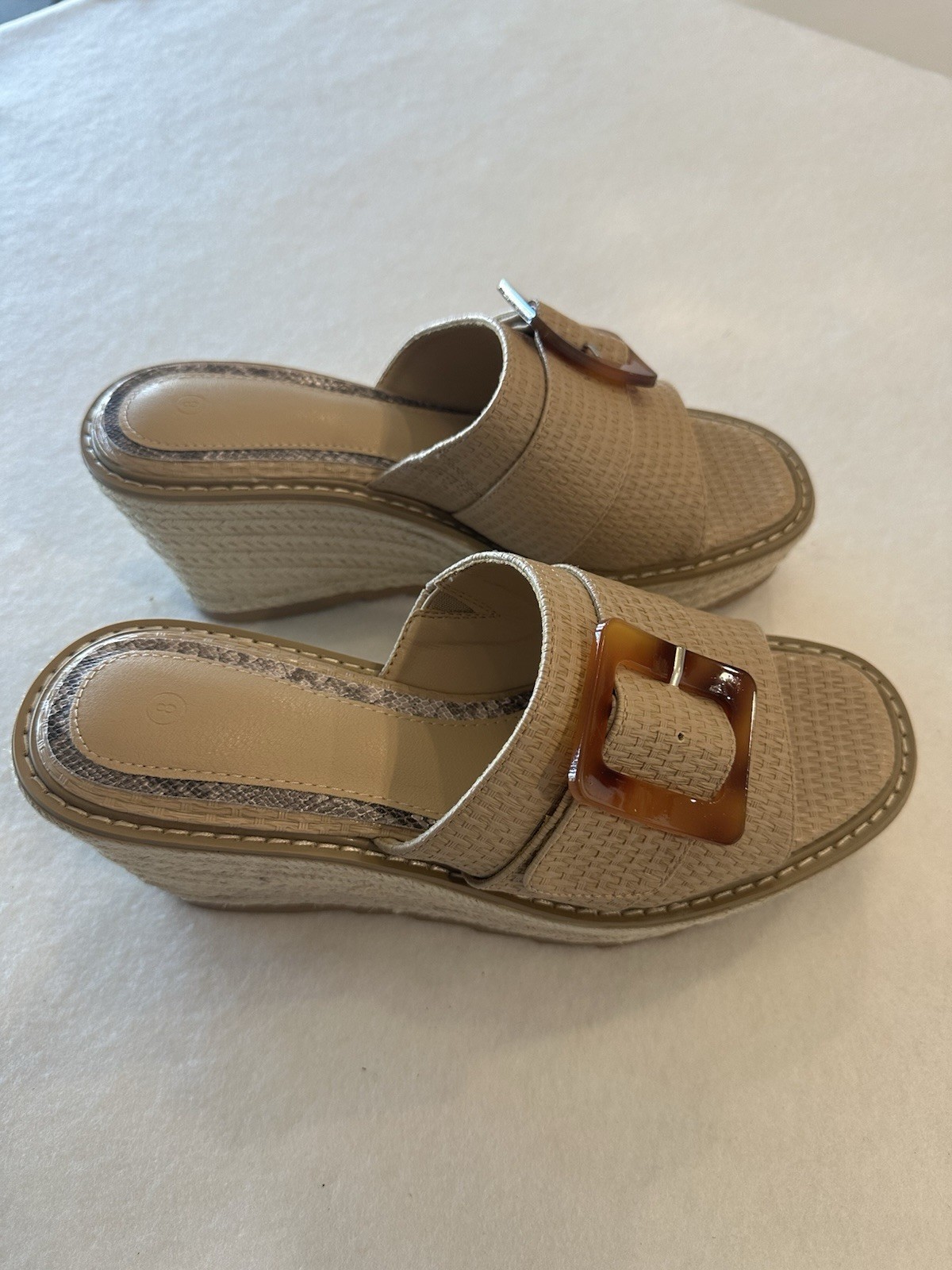 Coulga Women’s Wedge Platform Slide Sandals Buckle Beige Synthetic Rubber