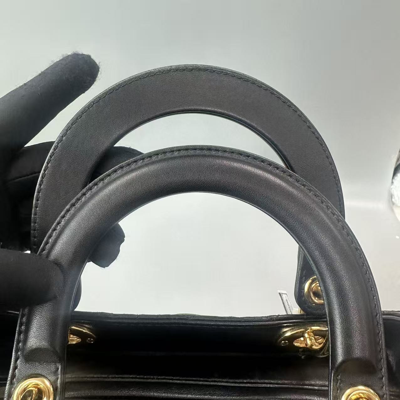 Auth Christian Dior Lady Dior Medium Black Lambskin Gold Hardware Handbag