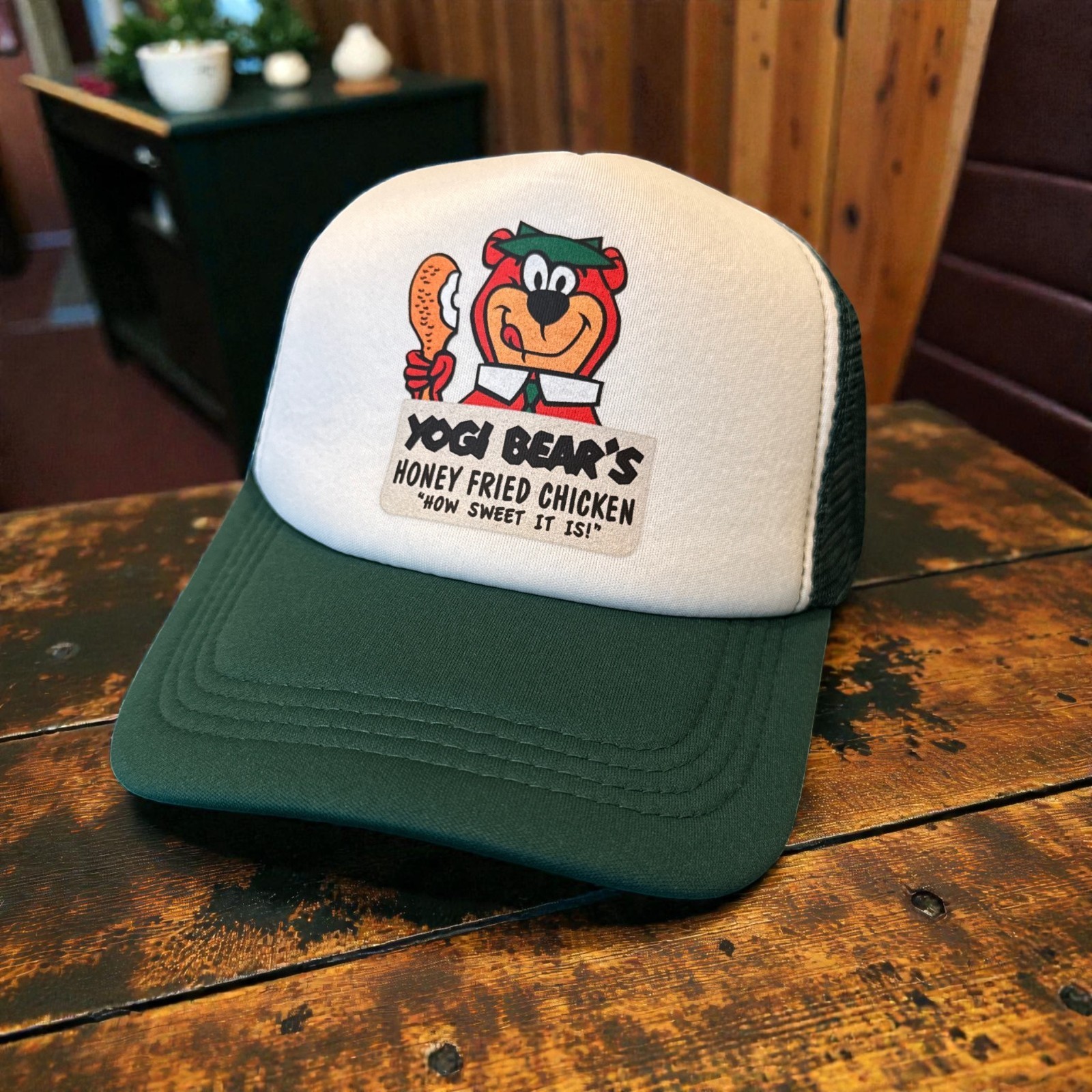 Yogi Bear’s Honey Fried Chicken Mens Trucker Hat Green Vintage Chicken Logo