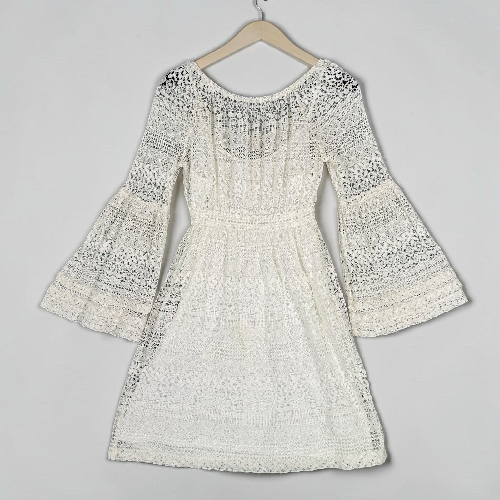 Boston Proper Cream Crochet Lace Bell Sleeve Dress Womens Size 8 Boho Angel Core