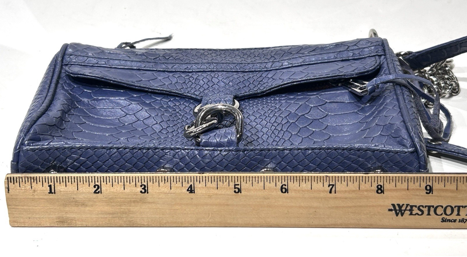 Rebecca Minkoff Mini MAC Twilight Blue Croc Embossed Leather Crossbody Clutch
