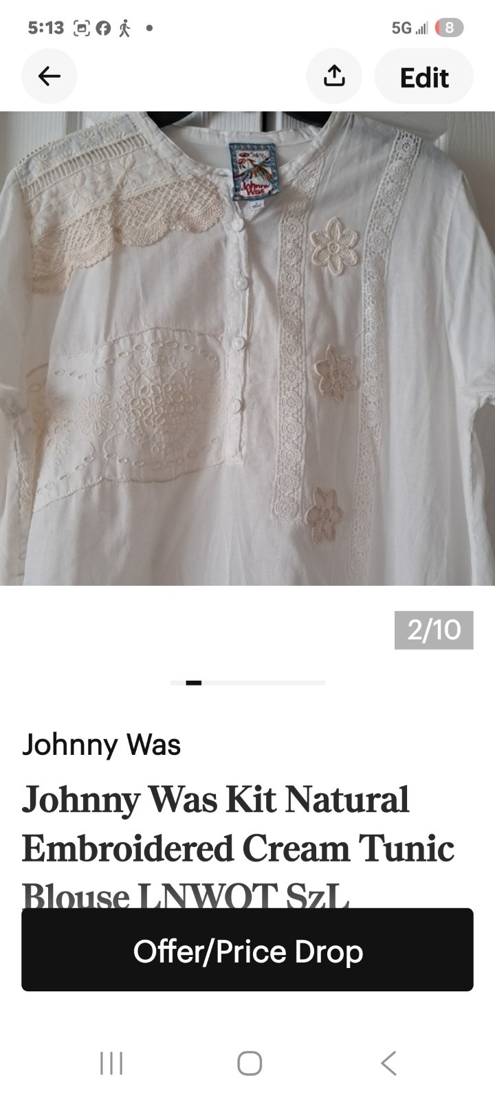 Johnny Was Kit Natural Embroidered Cream Tunic Blouse SzL Like New Without Tags