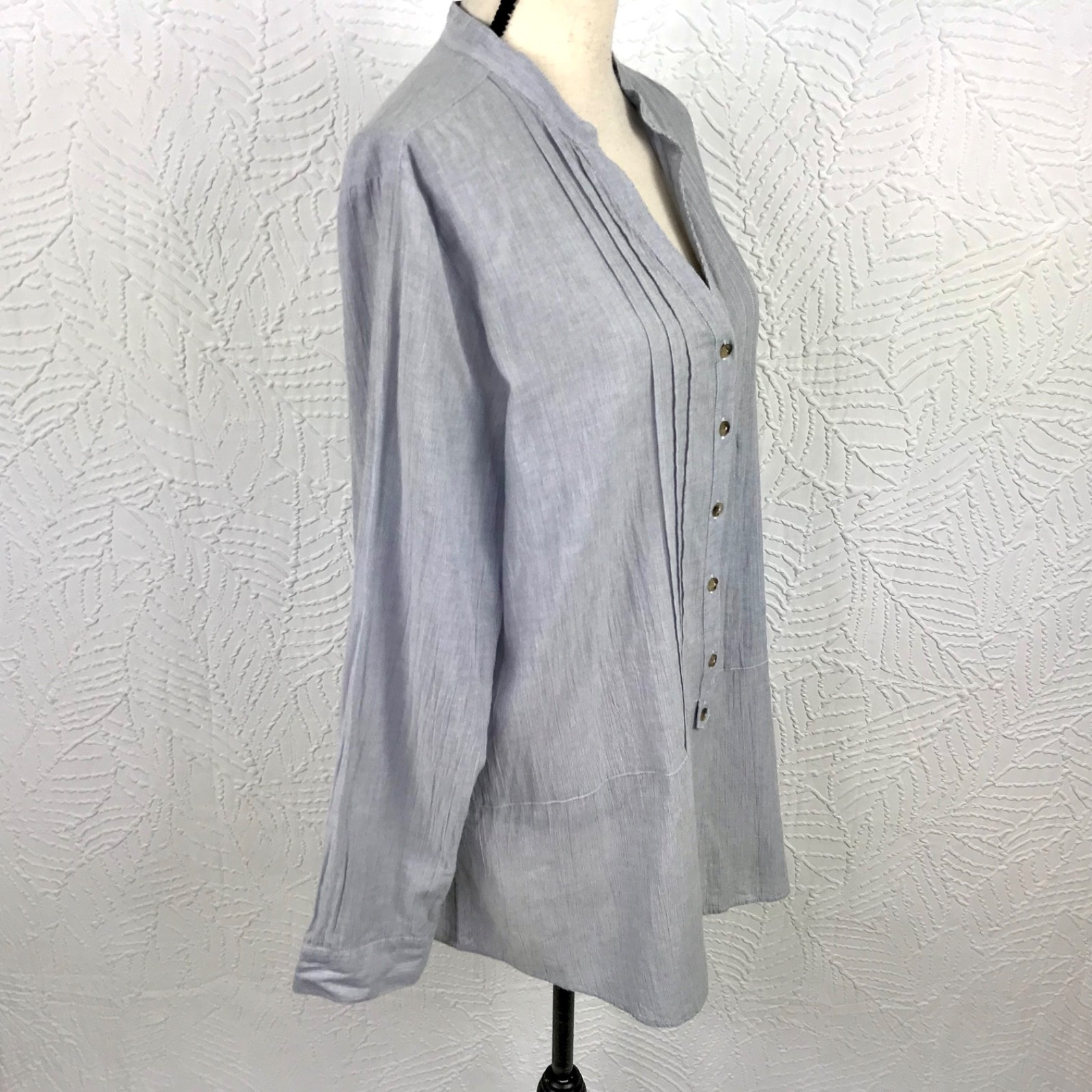 J Jill Blue/Gray Pleated Blouse Top Button Up 100% Cotton Cottagecore Size XL