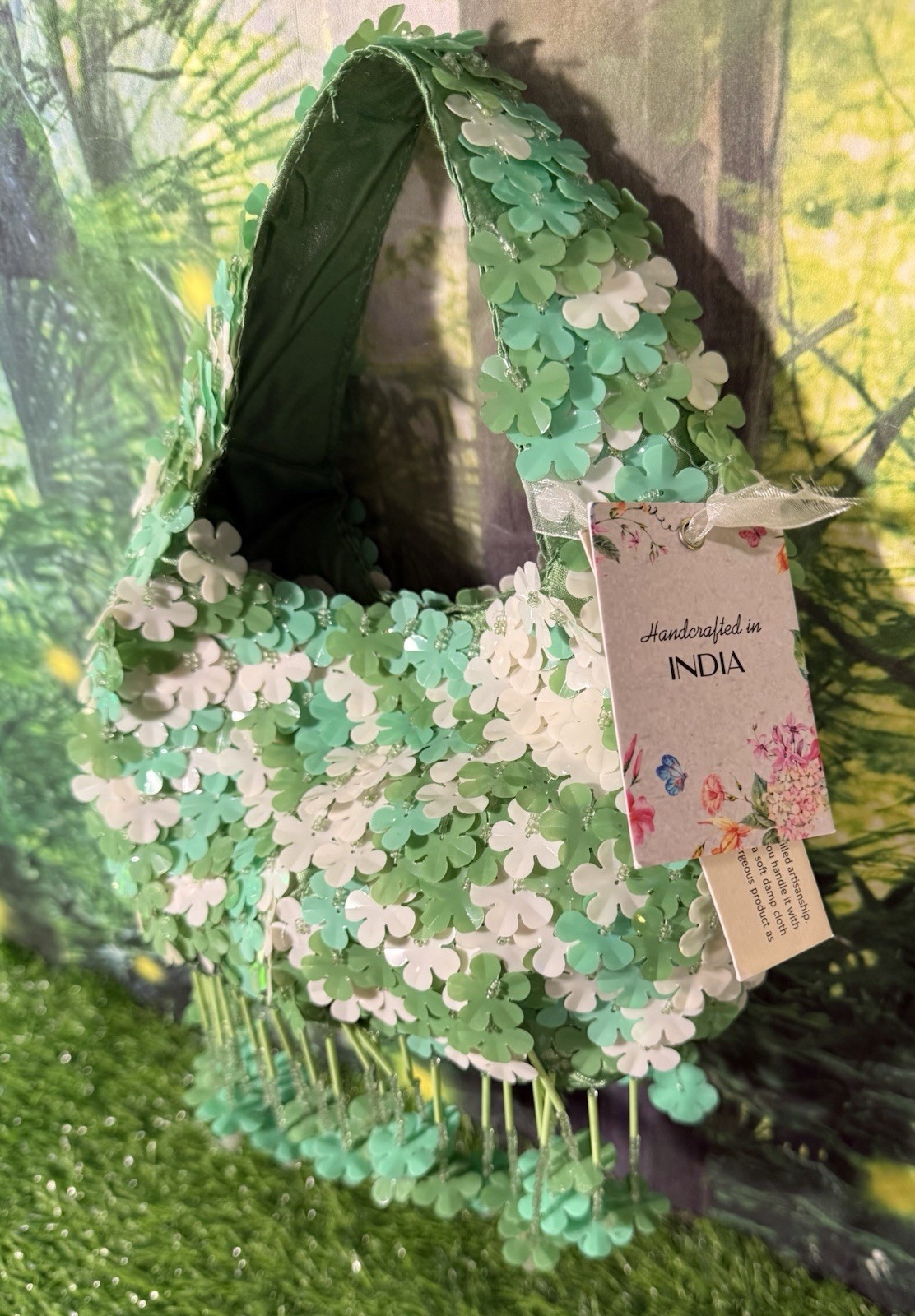 Handcrafted In India Green And White Beaded Shoulder Bag NWT