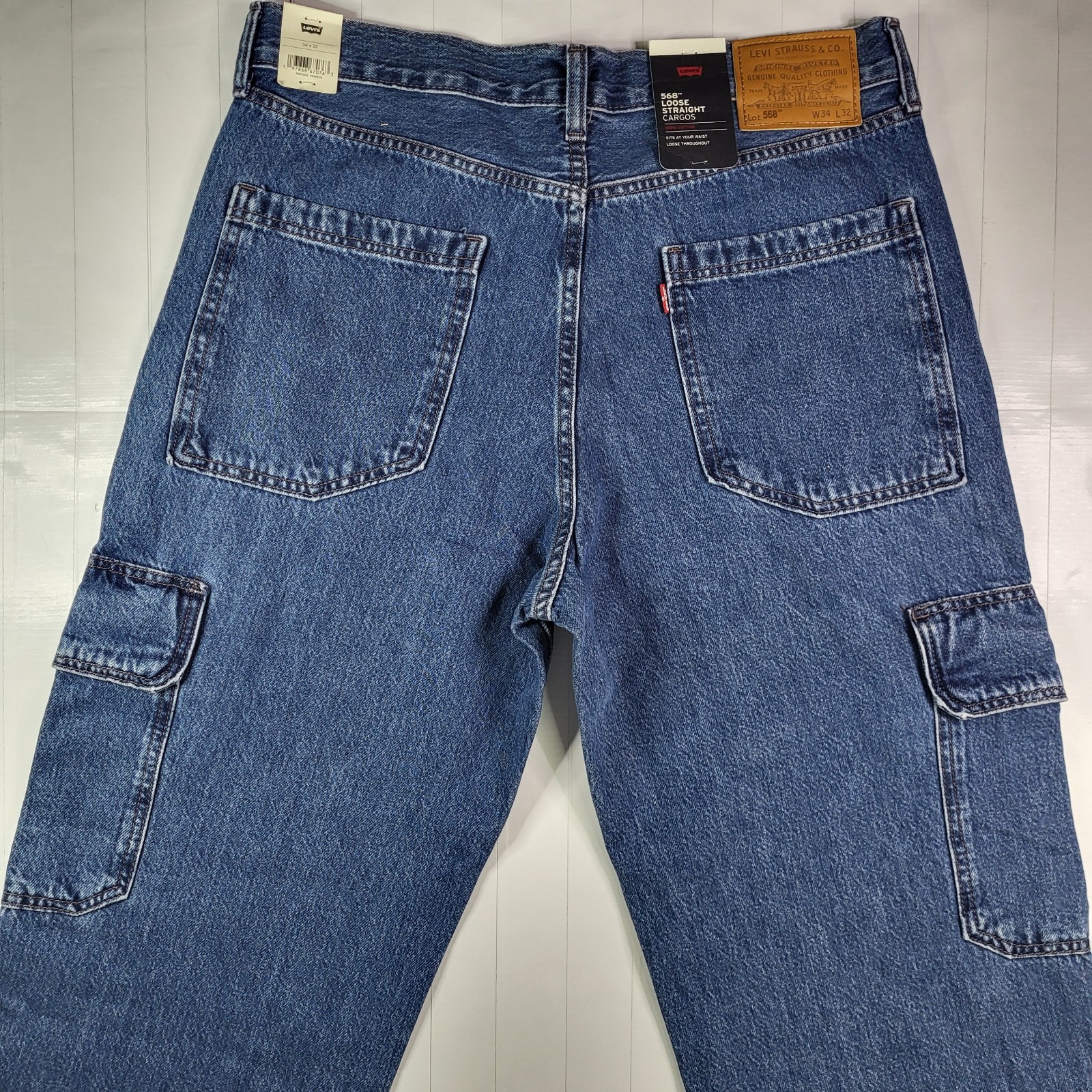 Levis Premium 568 Cargo Jeans 34×32 Men’s Loose Straight Blue New With Tags