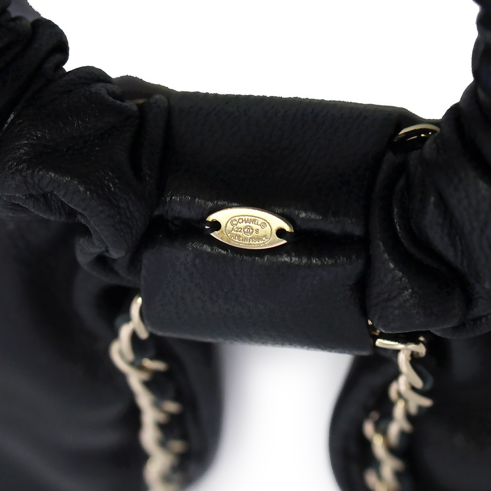 CHANEL AA8258 Ribbon Bow CC Logo Chain Scrunchie Lambskin, Black Hair Accessory