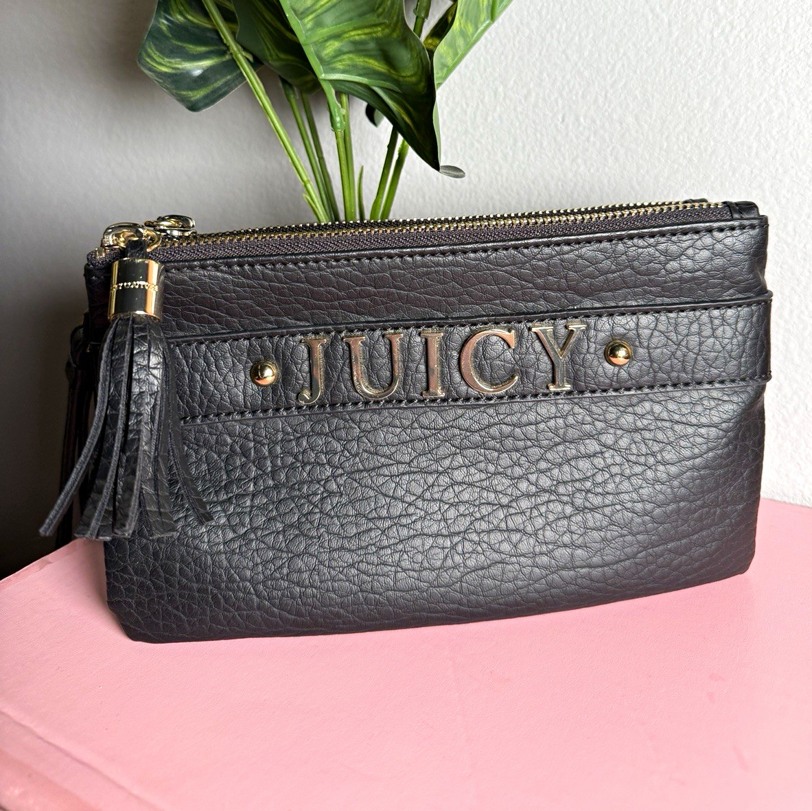 Juicy Couture Black Solid Zip Wristlet Wallet Credit Card Logo Tassel Strap