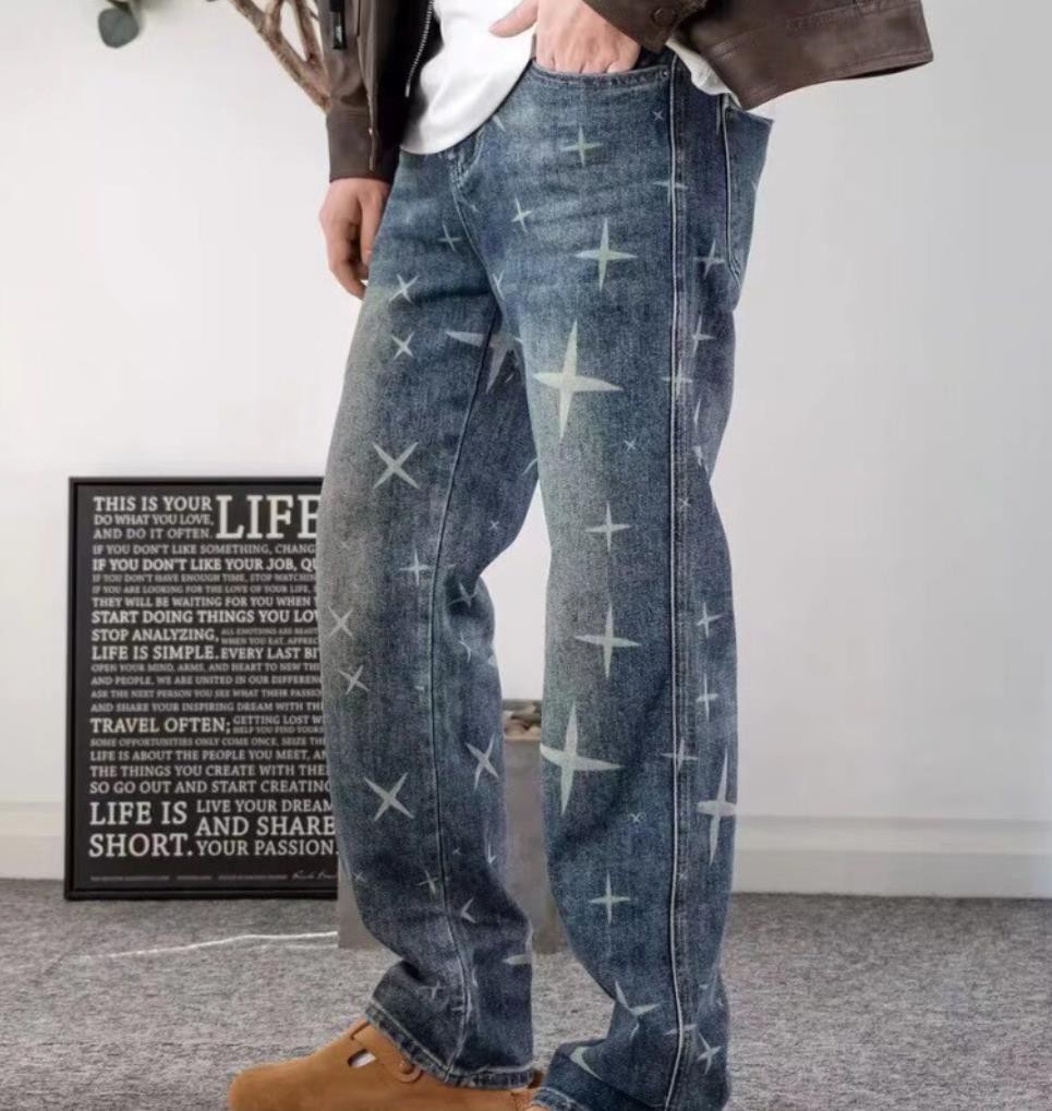 Men’s Denim Blue Jeans Printed Retro Casual Pants Punk Hip Hop Trousers Straight