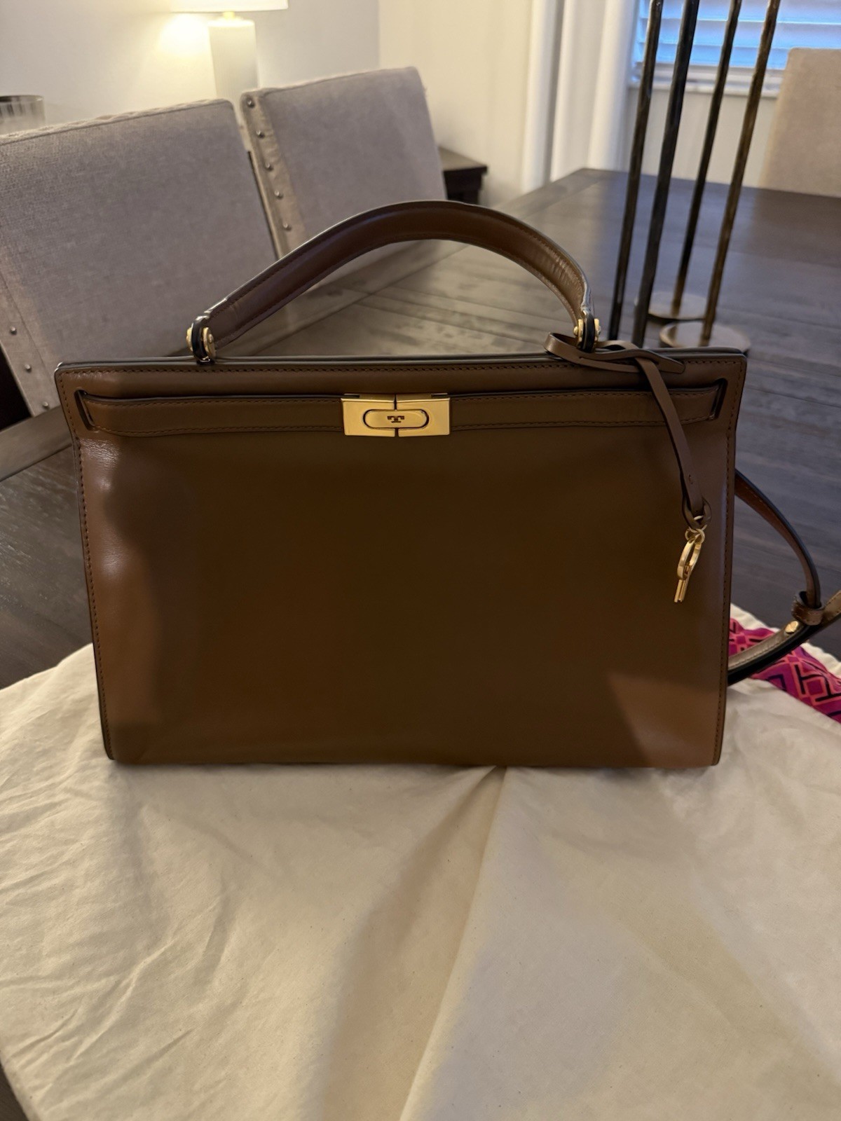 Tory Burch Lee Radziwill Leather Top Handle Satchel-Large in Moose w gold HW