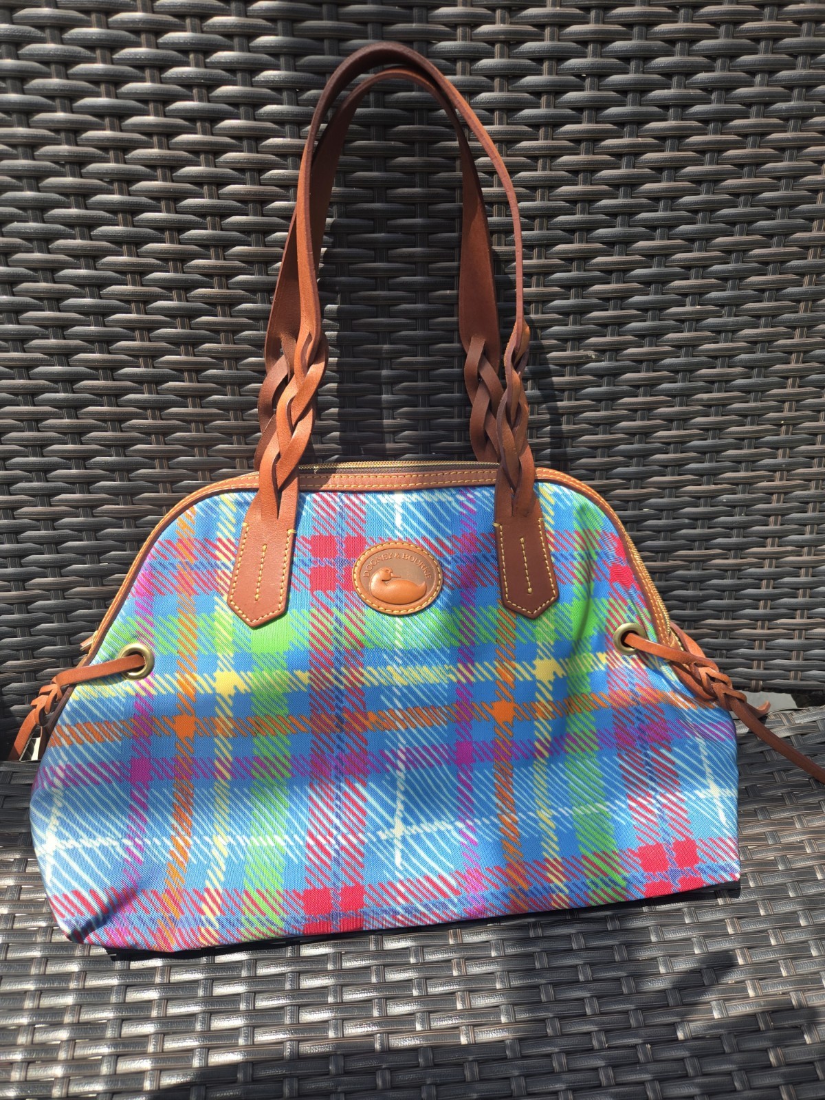 Dooney & Bourke Blue Multicolor Plaid Satchel Zip Red Lined Inner Pockets