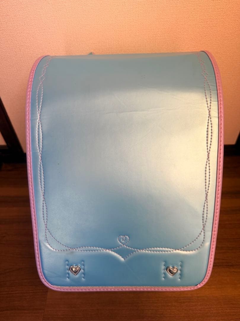 Randoseru Backpack Blue Synthetic Leather School Bag with Heart Design, Used