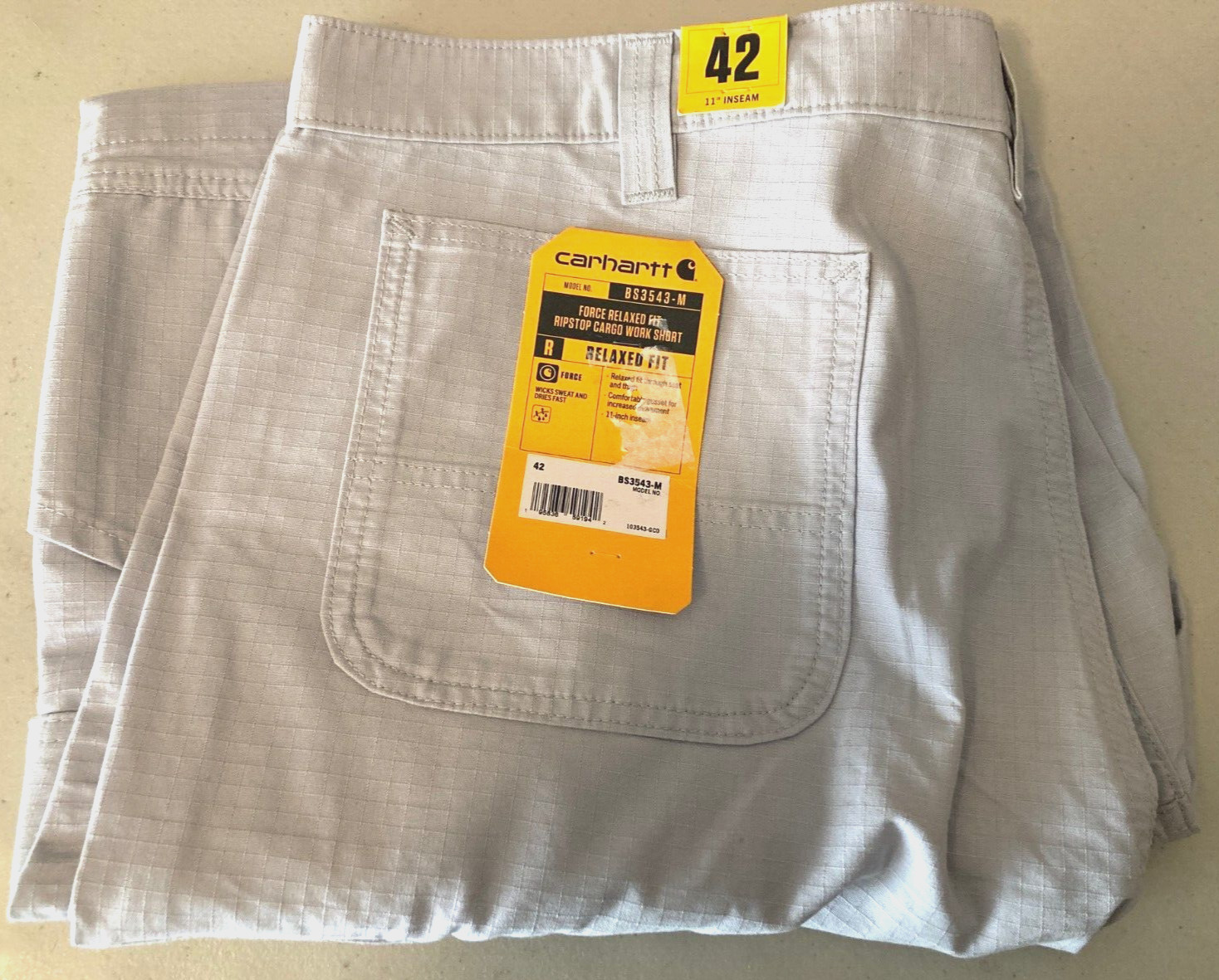 New Men’s Carhartt Force Ripstop Relaxed Fit Cargo Work Shorts Sz 42, Light Gray