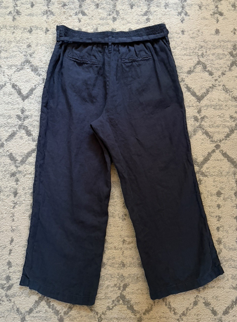 Nicole Miller Linen Pants Large L Blue Wide Leg Cropped Paperbag Waist Tie Belt