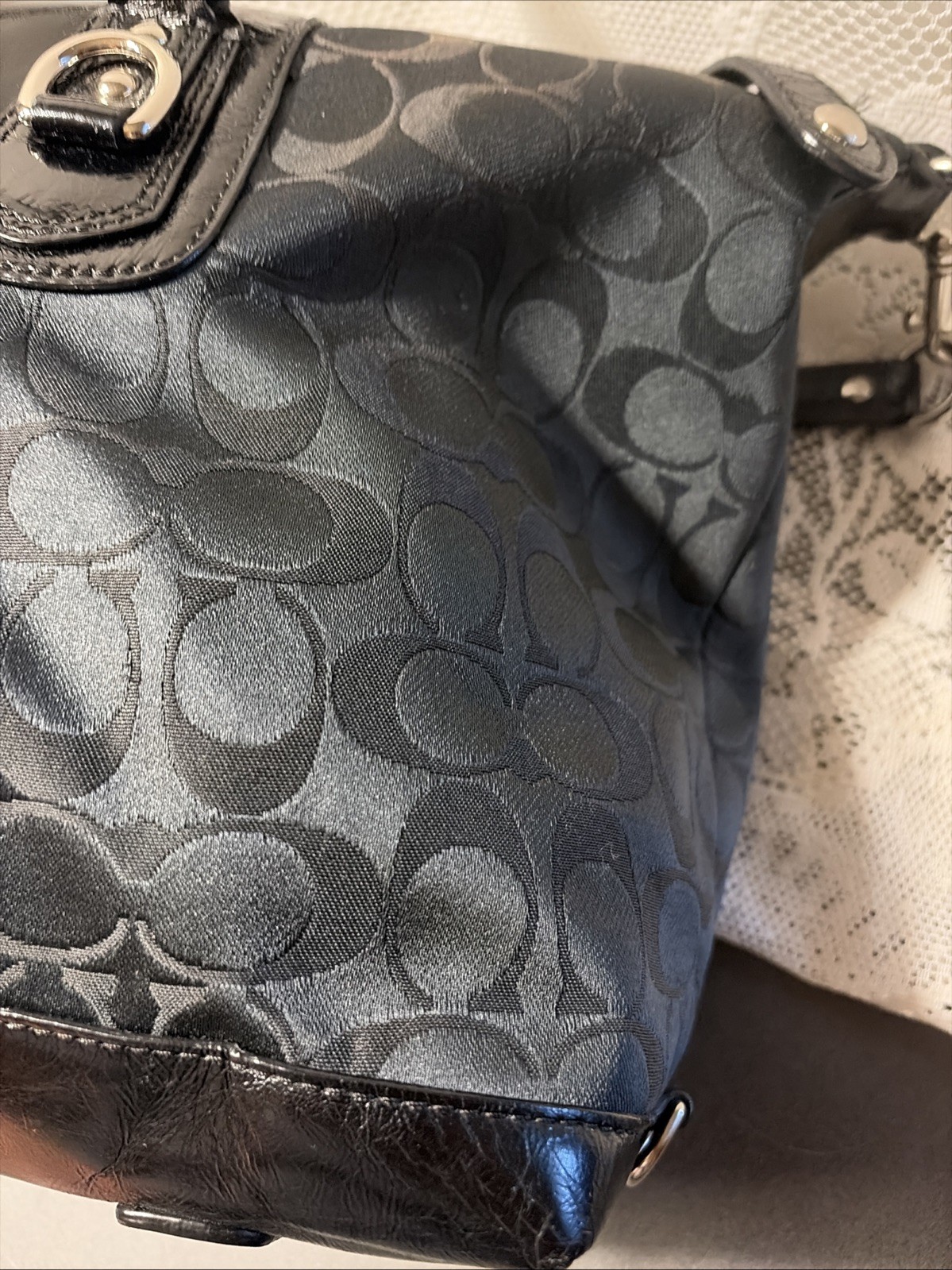 Coach Ashley Signature Sateen Large Satchel Black Canvas Leather Bag F15440 Nice