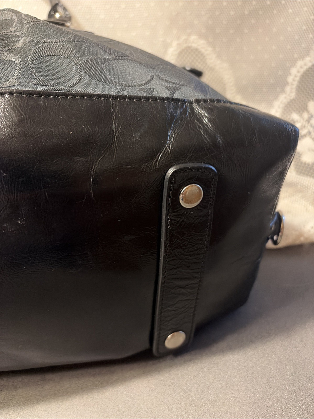 Coach Ashley Signature Sateen Large Satchel Black Canvas Leather Bag F15440 Nice