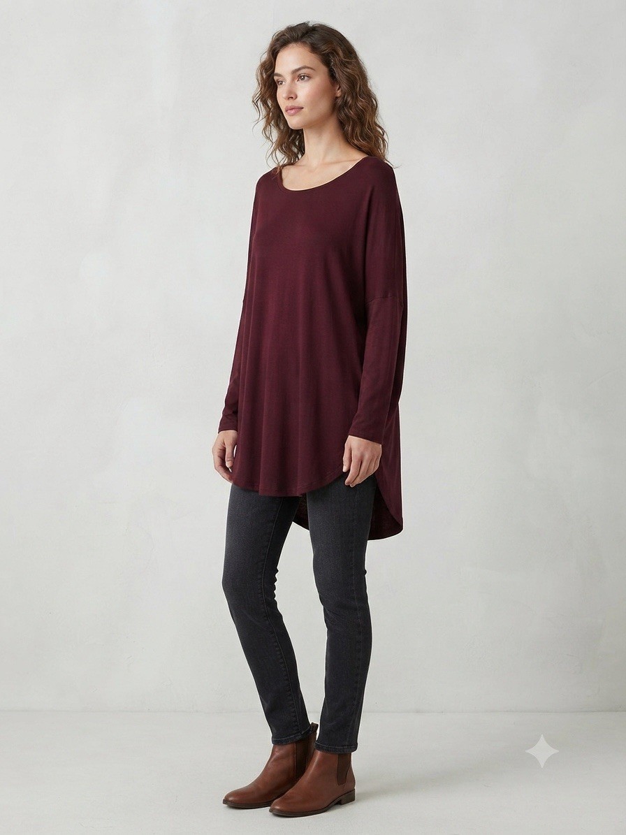 Bryn Walker Womens Tunic Top M Burgundy Rayon Spandex Lagenlook Minimalist Artsy