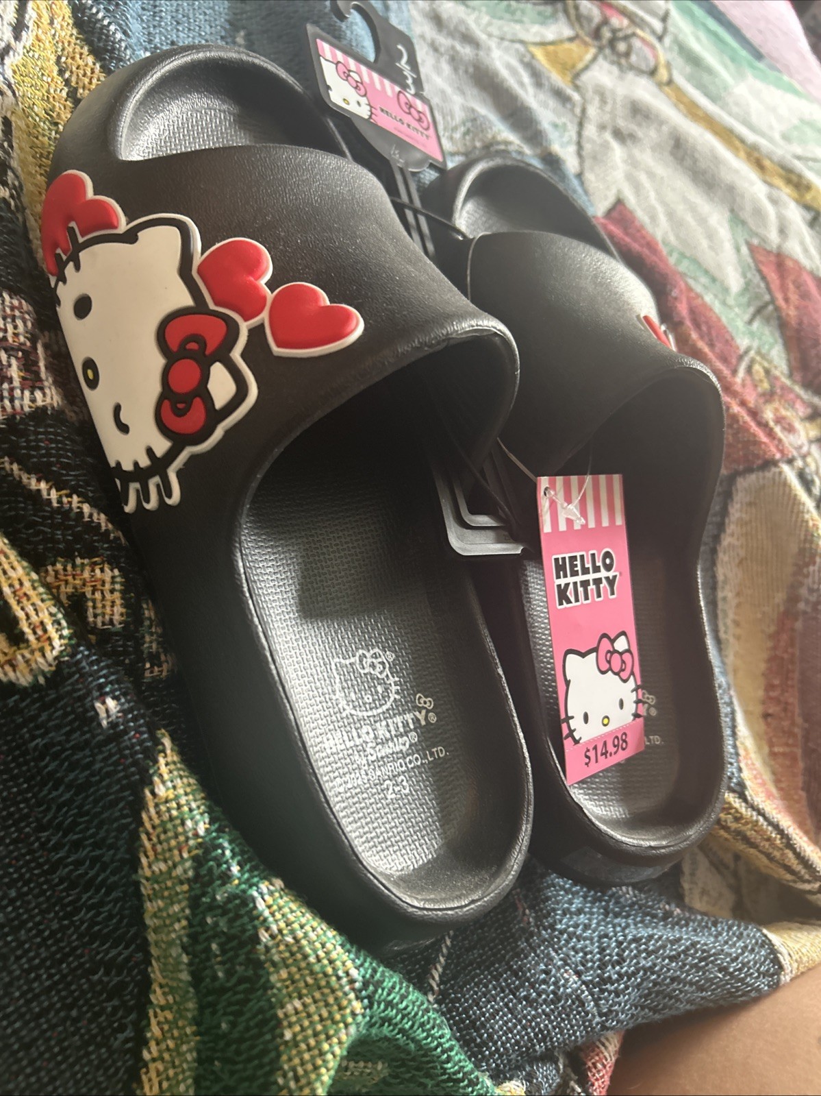 Hello Kitty Slip-On Slippers Black Faux Fur Lined Non-Slip EU 40-41 US 2-3