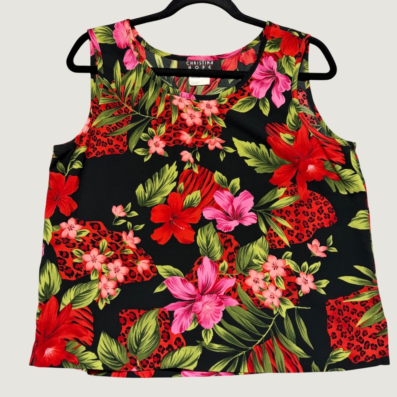 Christina Hope Womens Tropical Floral Leopard Print Sleeveless Top Medium