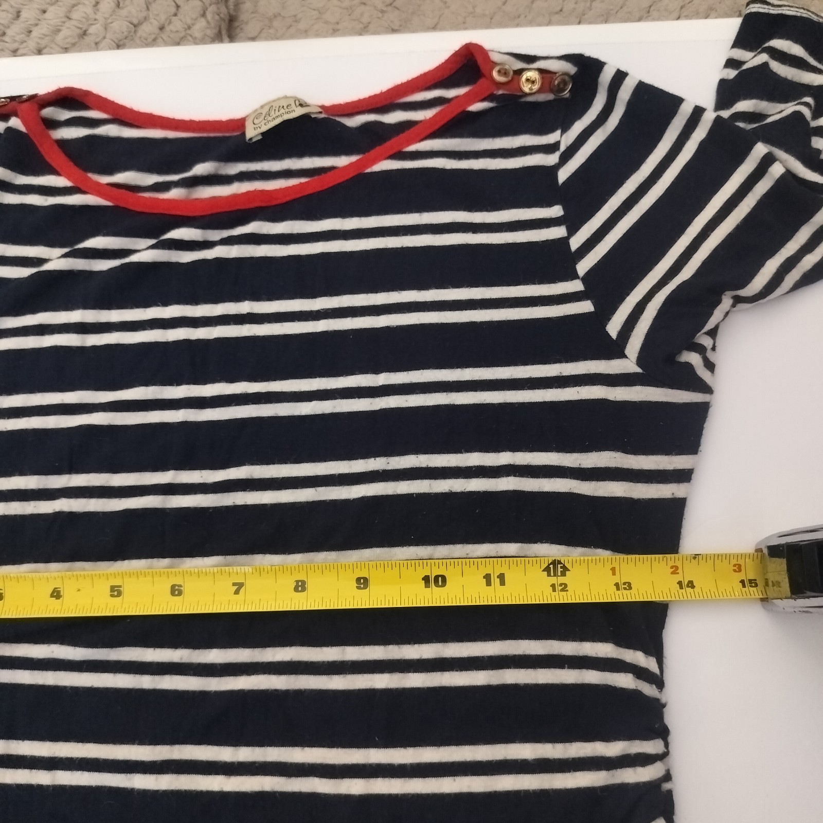 CELINE BY CHAMPION NAVY WHITE STRIPED BOAT NECK TOP RED TRIM BUTTON 3/4 SLEEVE