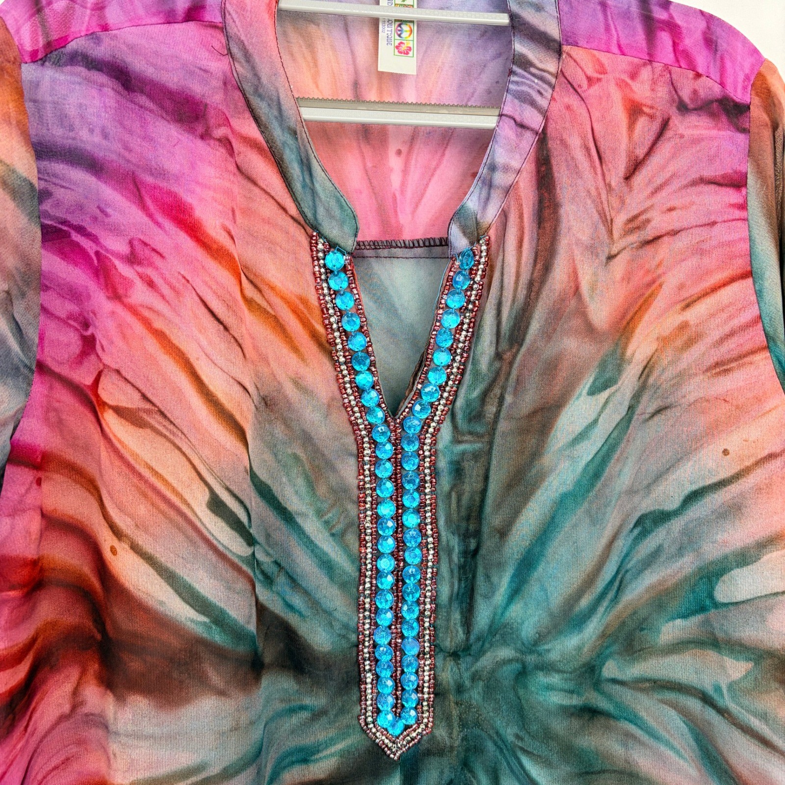 India Boutique Tie Dye Beaded Kaftan Tunic Top Free Size Multicolor Boho