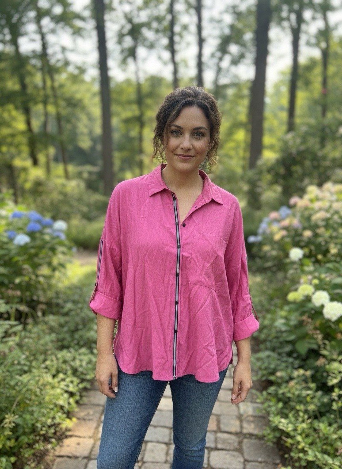 Zara Basic Collection Hot Pink Oversized Long Sleeve Button Up Shirt