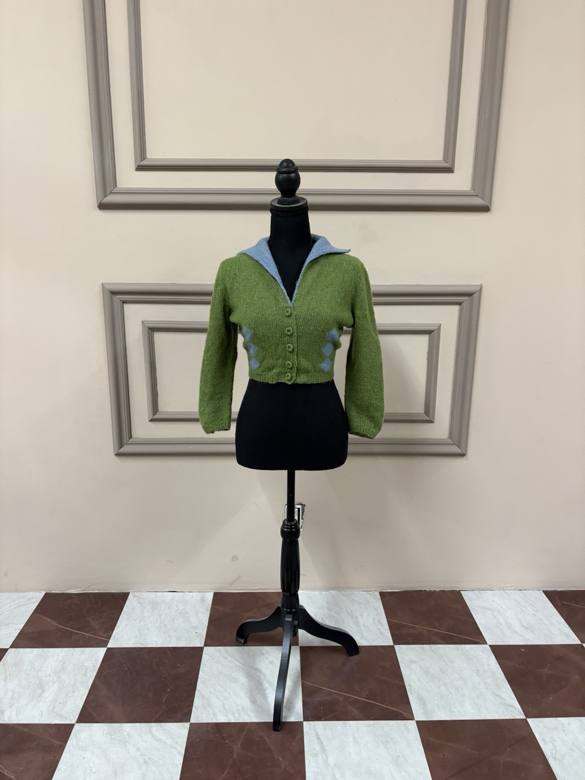 Vintage 50s 60s Bonnie Morse Wool Knit Argyle Cropped Collared Cardigan XS