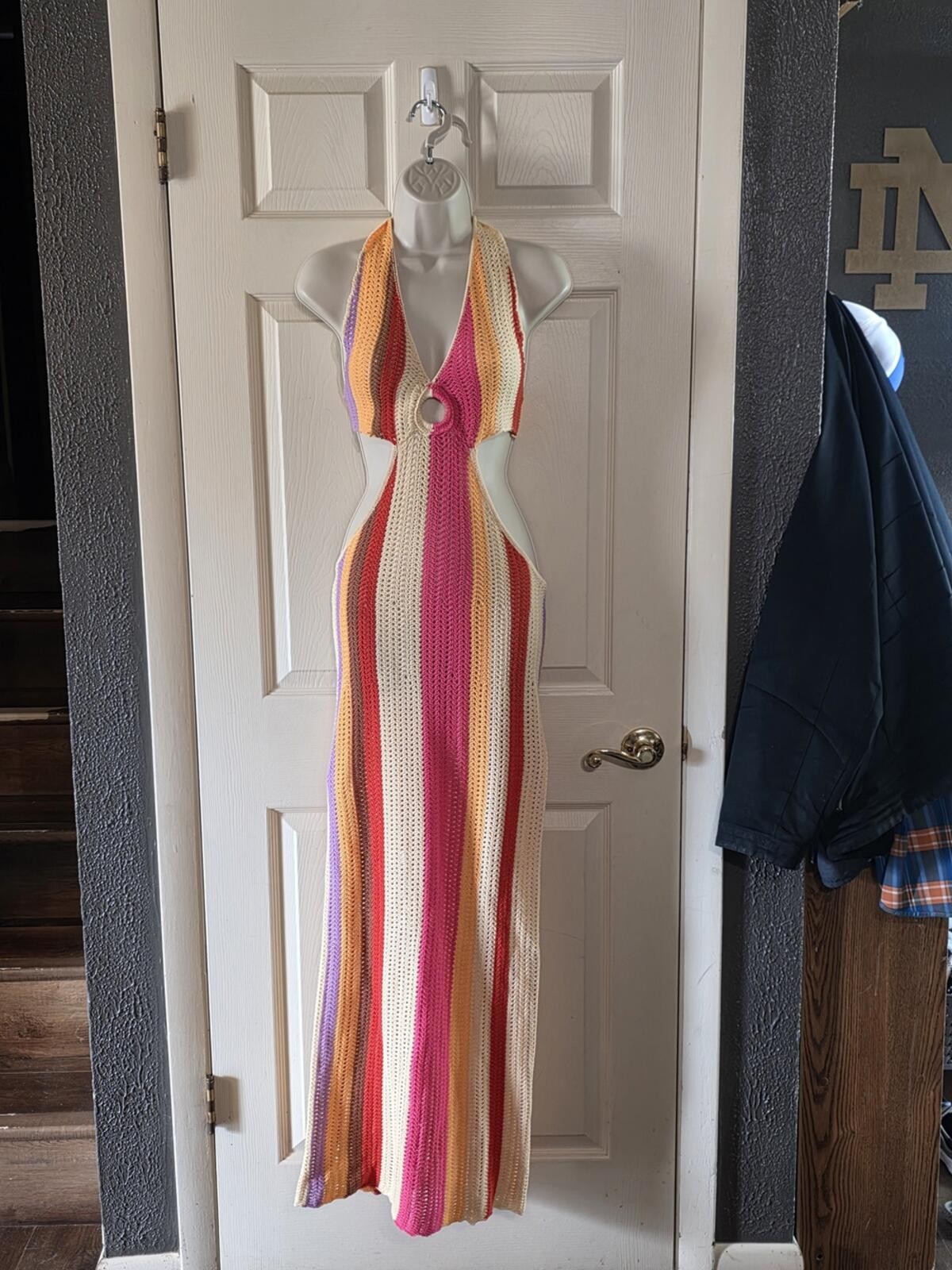 Source Unknown Pink Cream Orange Yellow Purple Striped Crochet Maxi Dress