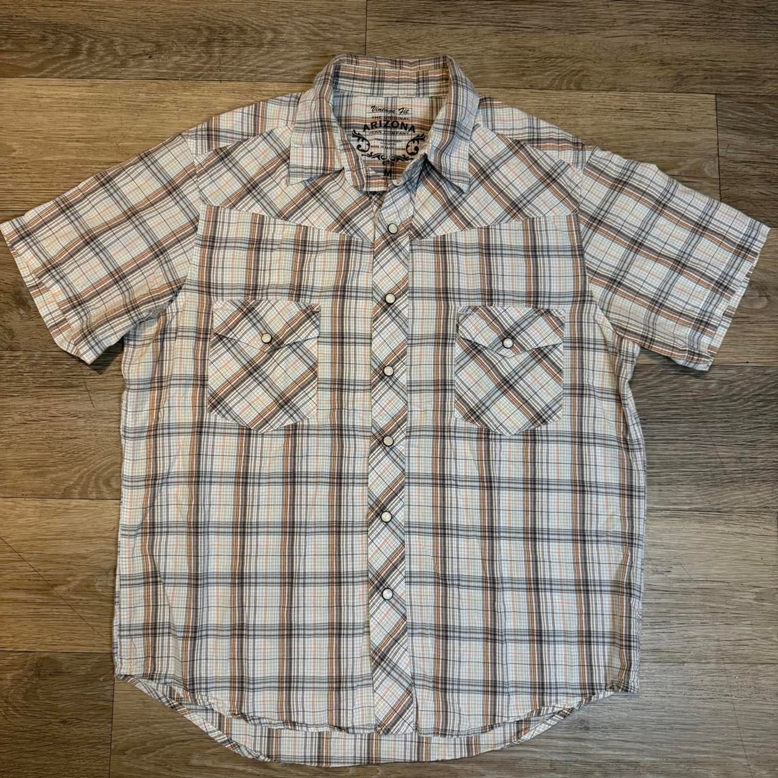 Arizona Jean Co Men Plaid Western Shirt Short Sleeve Pearl Snap Vintage Fit [M]