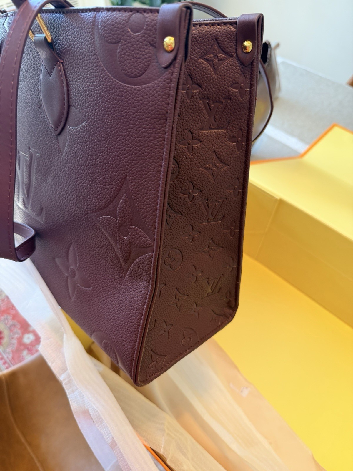 Louis Vuitton OnTheGo Medium Burgundy Monogram Embossed Tote Strap Box