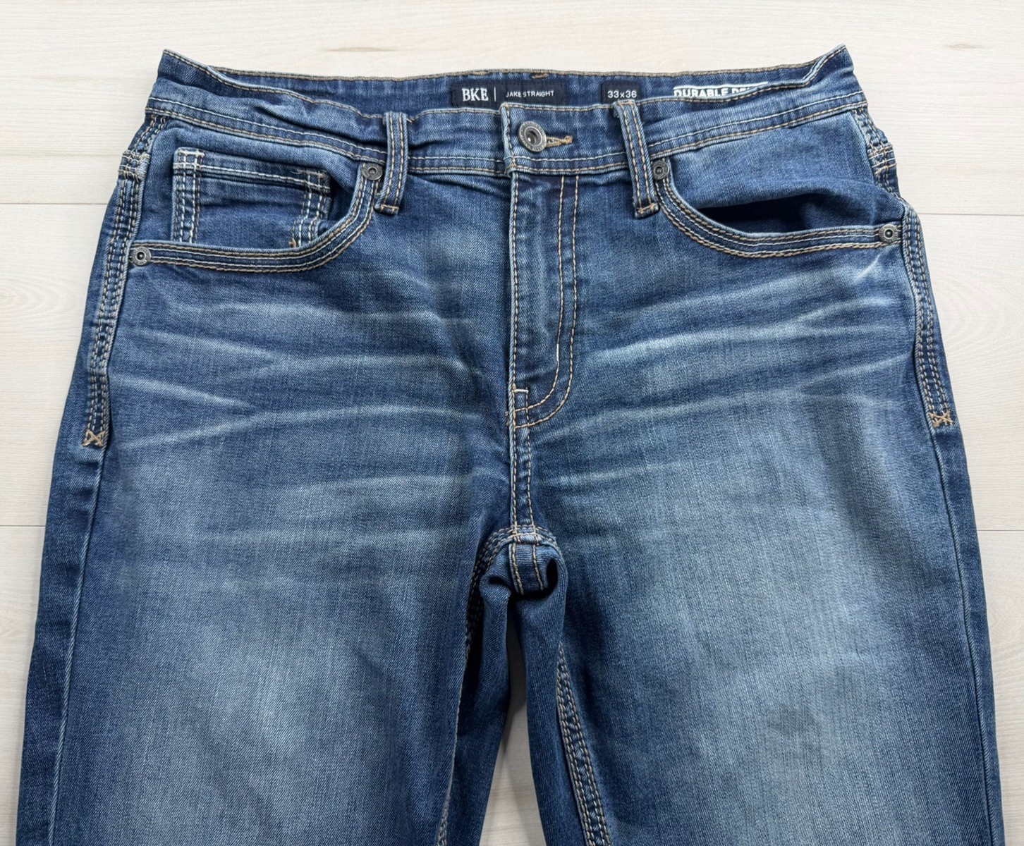 Buckle BKE Jake Straight Jeans Dark Wash Stretch Whiskered Denim Mens 33×34
