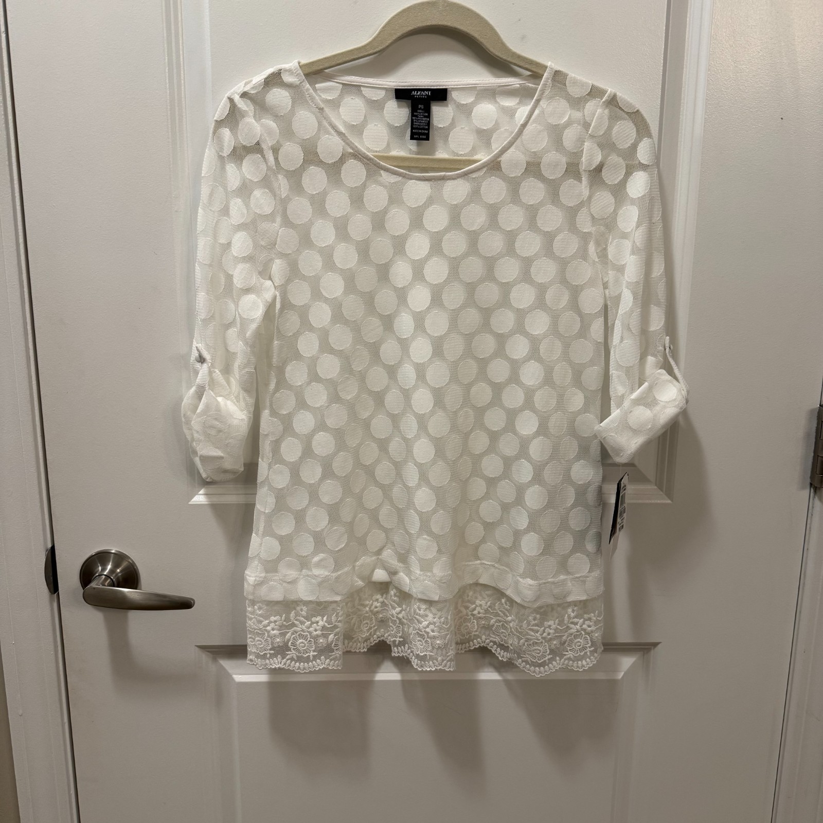 Alfani Womens White on White Polkadot Shear Blouse NWT Boho Petite Sm