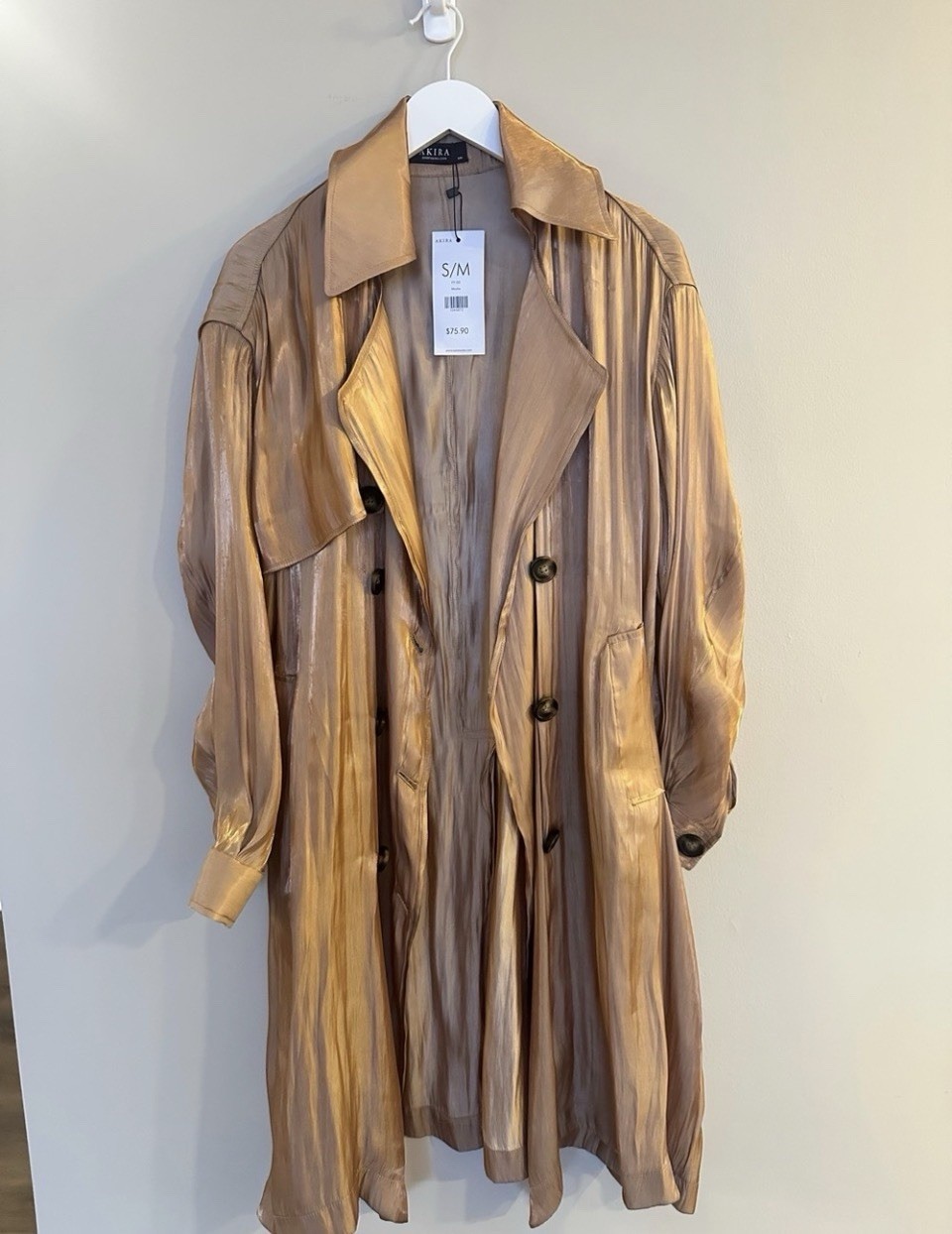 AKIRA Metallic Rose Gold Double-Breasted Trench Coat