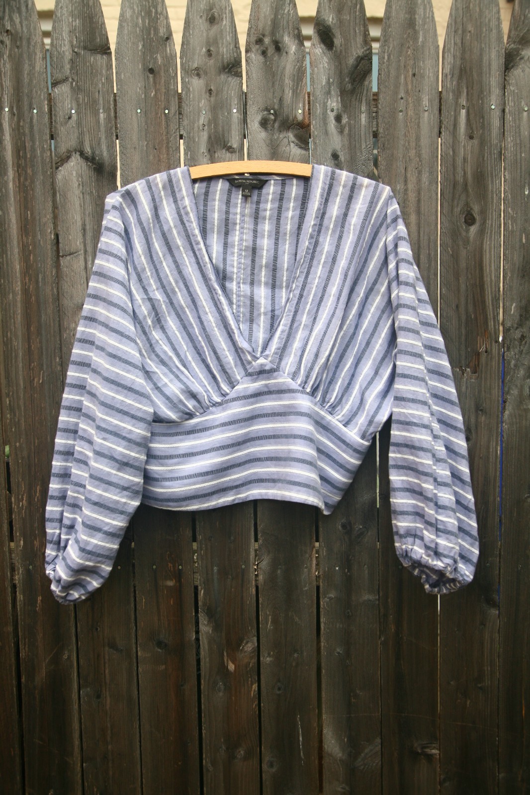 Size 12 – BANANA REPUBLIC Women’s Striped Blue Cotton Deep V Neck Blouse