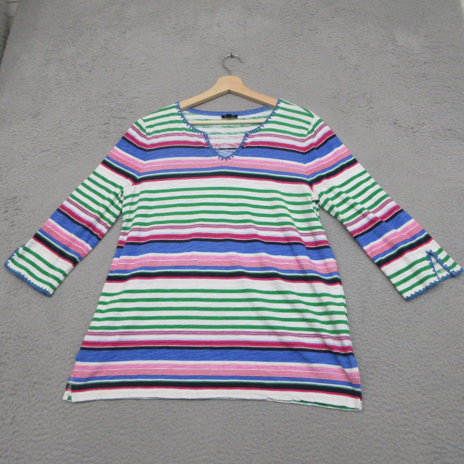Talbots Linen Blend Tunic Top Women M Blue Green Striped Coastal Nautical Resort
