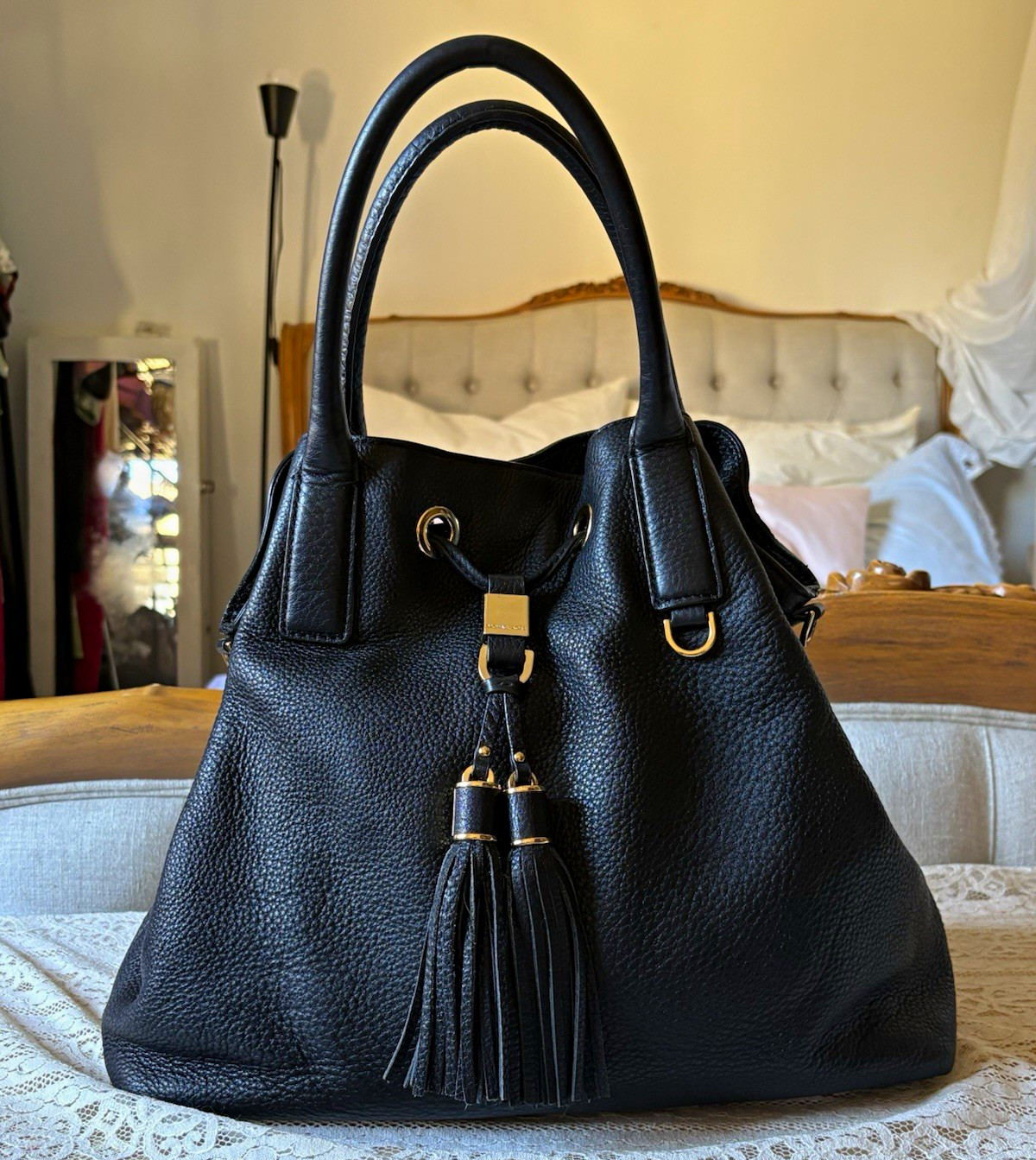 Michael Kors Black Pebbled Large Top Handle Satchel Drawstring Tassel Gold