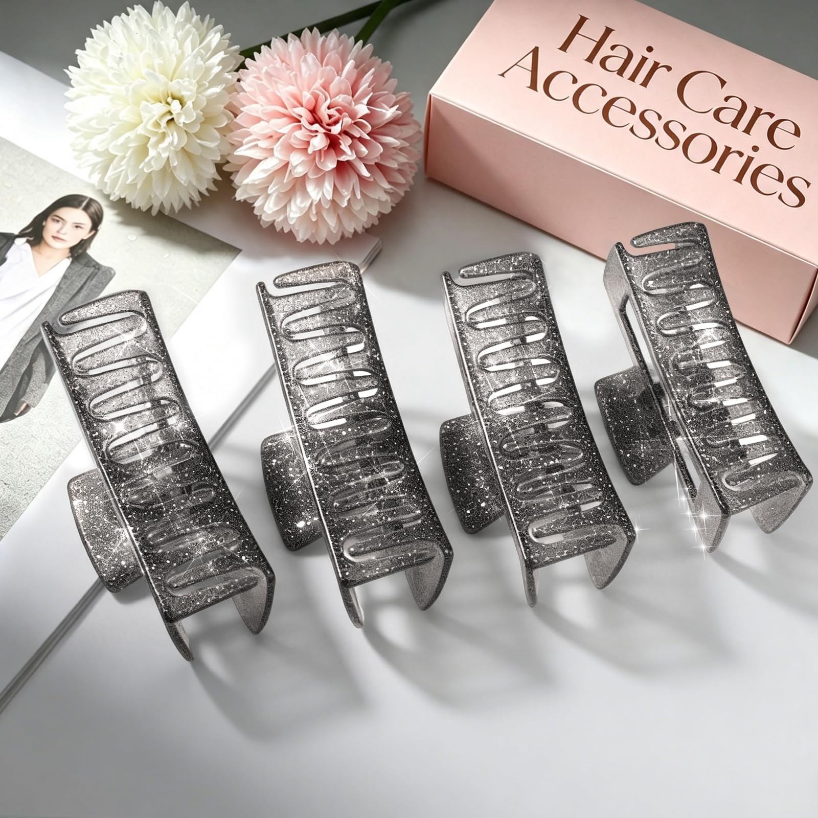 SEMATA 4Pcs Black Large Hair Claw Clips for Thick Thin Hair for Women | Glitt…