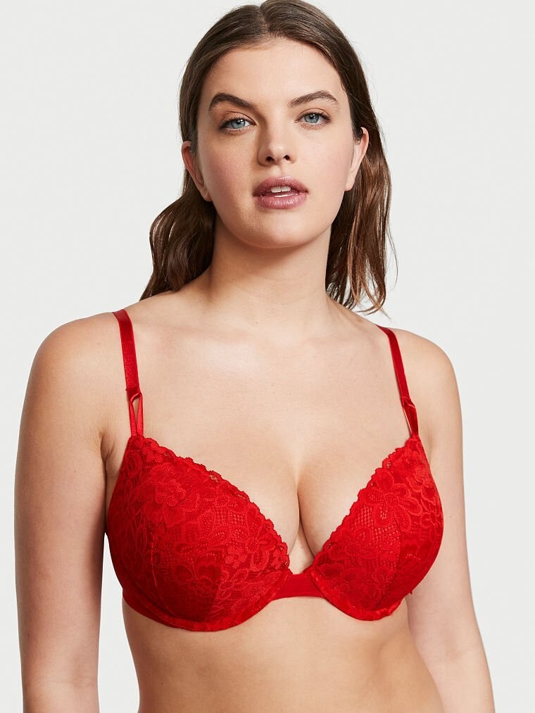 38D Red FLORAL LACE w Mesh Wings Extreme Lift Victorias Secret Plunge PU UW Bra