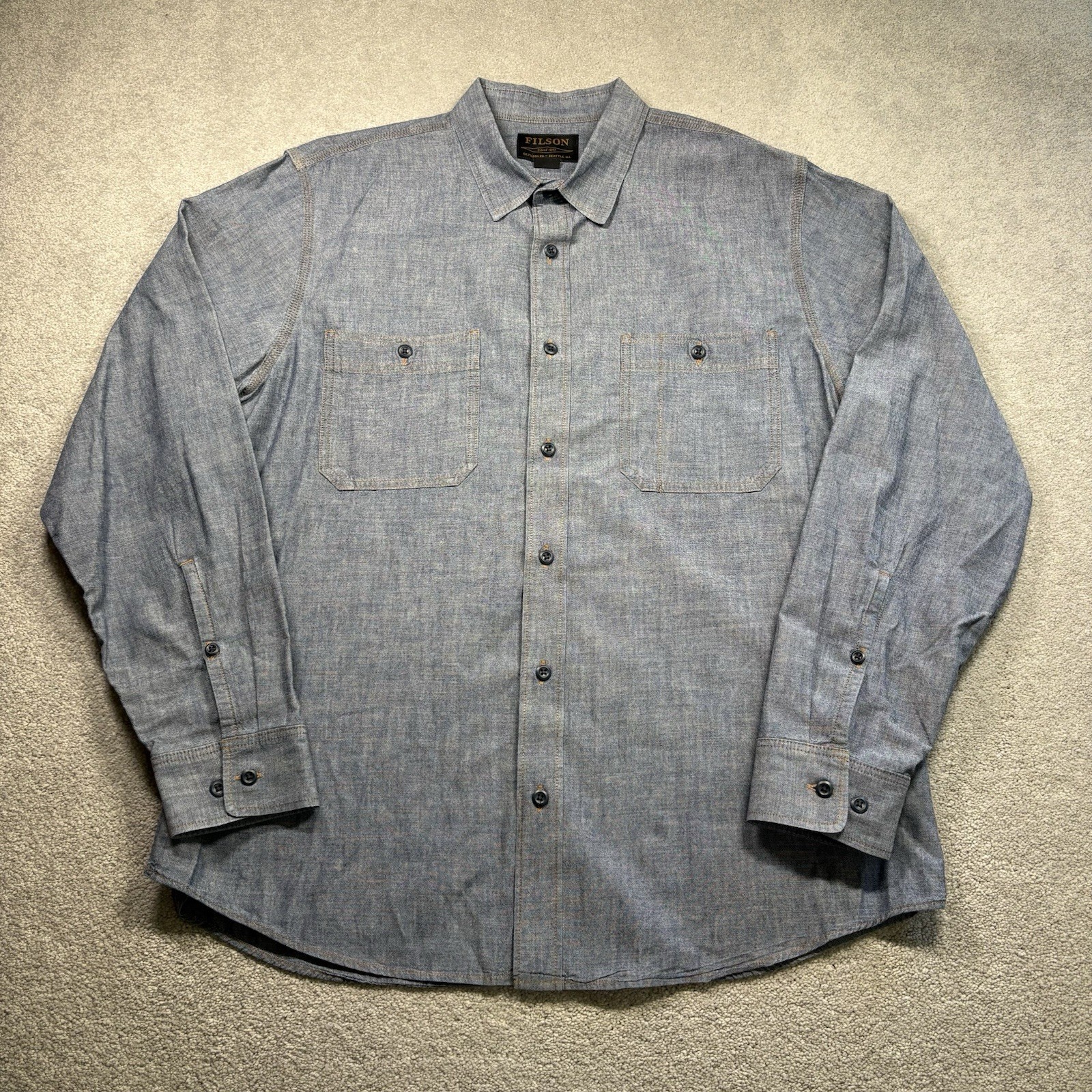Filson Chambray CPO Shirt Denim Button Up Rinsed Indigo Men’s Size Large