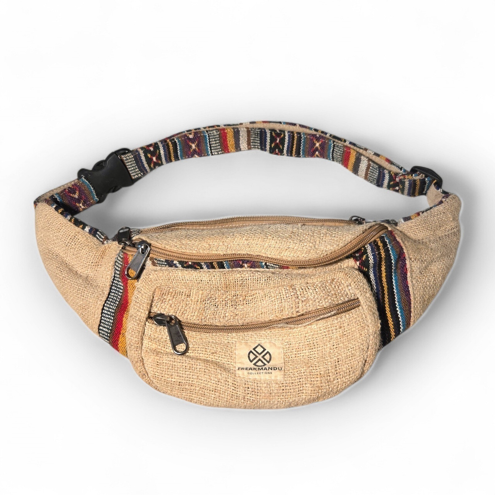 FREAKMANDU Hemp Fanny Pack Waist Bag Nepal Boho Hippy Festival Bag Tan Woven EUC