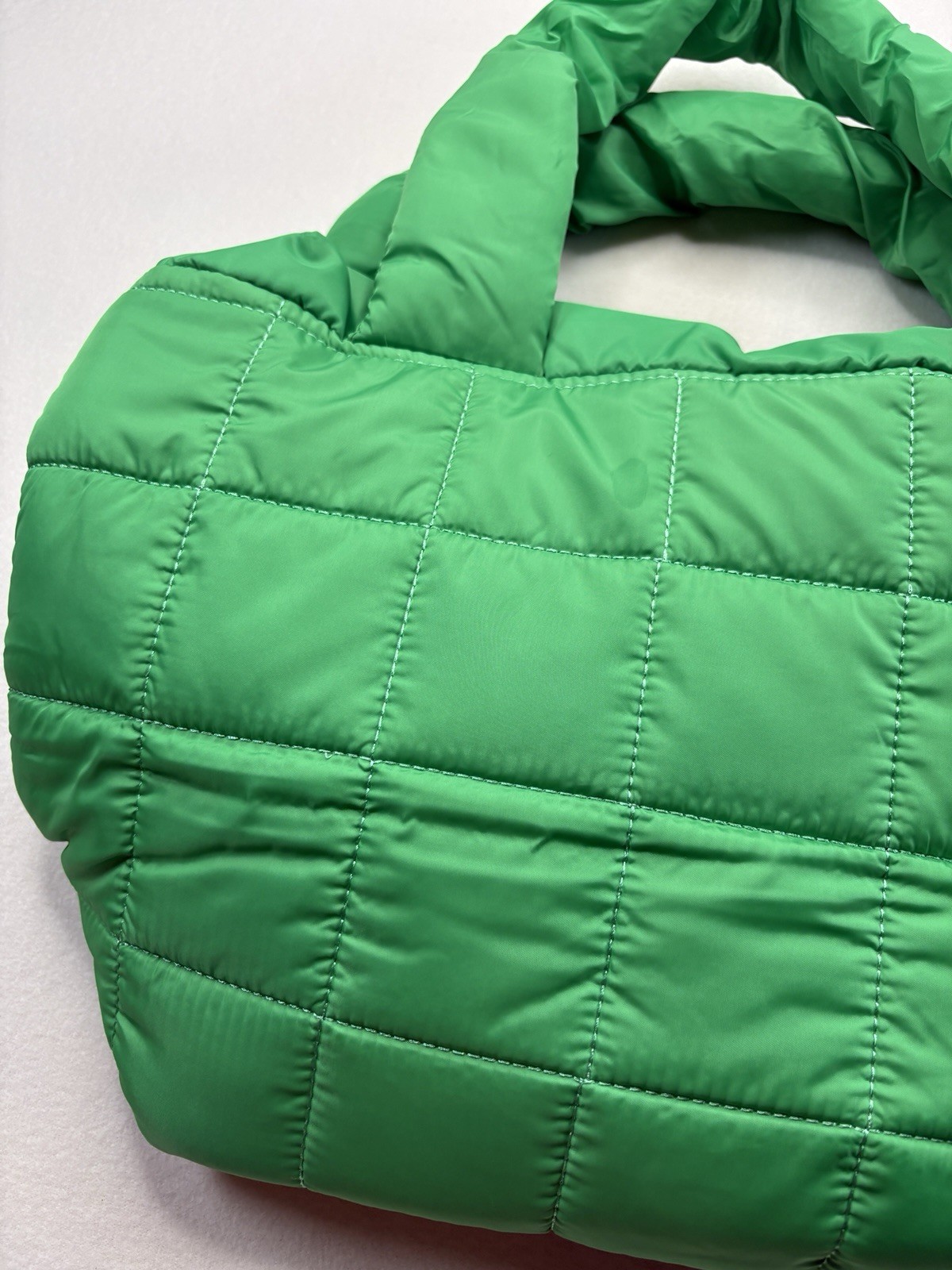 Green Quilted Puffer Shoulder Bag, Top Handle, Zip Closure, Detachable Strap