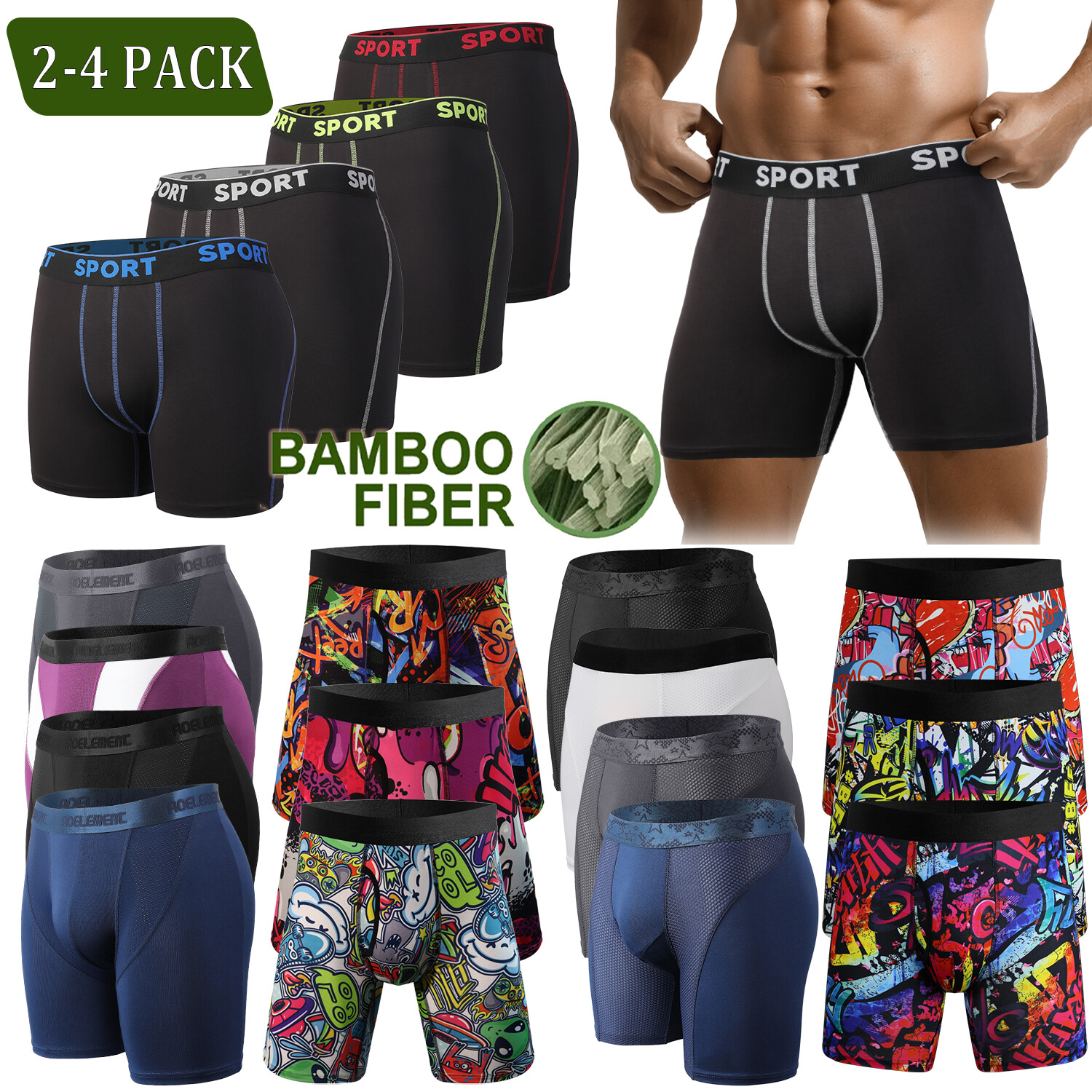 2-4PCS Men Bamboo Fiber Boxer Briefs Breathable Underwear Anti Chafe Soft S-3XL