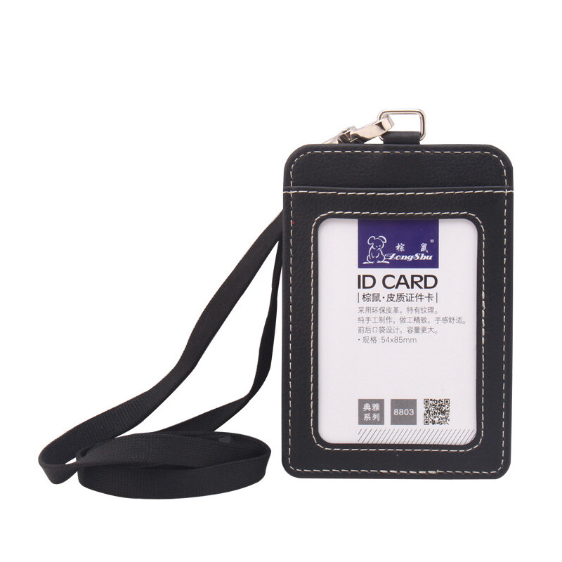 ID Badge Card Holder Pu Leather Vertical Clip Neck Strap Lanyard Necklace Case