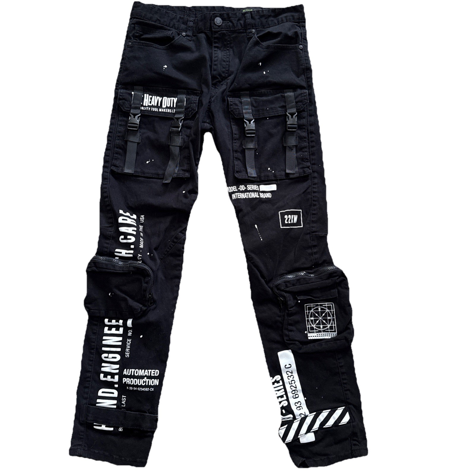 Smoke Rise Cargo Pants Mens 32×32 Black Washed Slim Fit Streetwear Utility Jeans