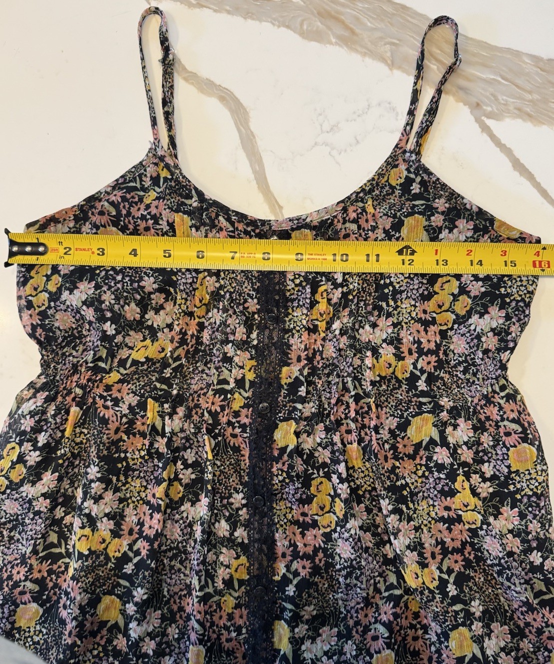 Y2K Decree Juniors Floral Chiffon Tank Top M Lace Trim Boho Ruffle Hem Lined